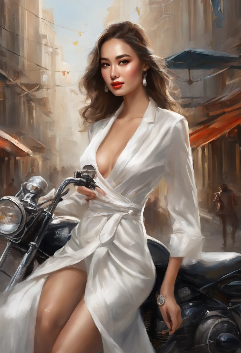 「((top-quality)), ((Best Retail)), (high level of detail: 1.3),。.。.。.。.3D、Beautiful fece(Cyberpunk Personality: 1.3)Hacker Woman、Female Spy、Riding a motorcycle、Araffe woman in white dress walks on street at night、robe blanche、robe blanche、Wearing elegant dresses、photo of slim girl model、gorgeous young korean woman、Smooth white tight clothes suit、Korean Female Fashion Models、robe blanche、tight dresses、woman in dress、Cute white dress、long white dress、Wearing a sexy dress