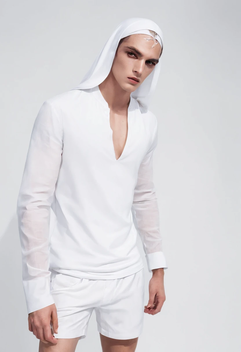 Male model wearing white nun veil in a pair of white shorts