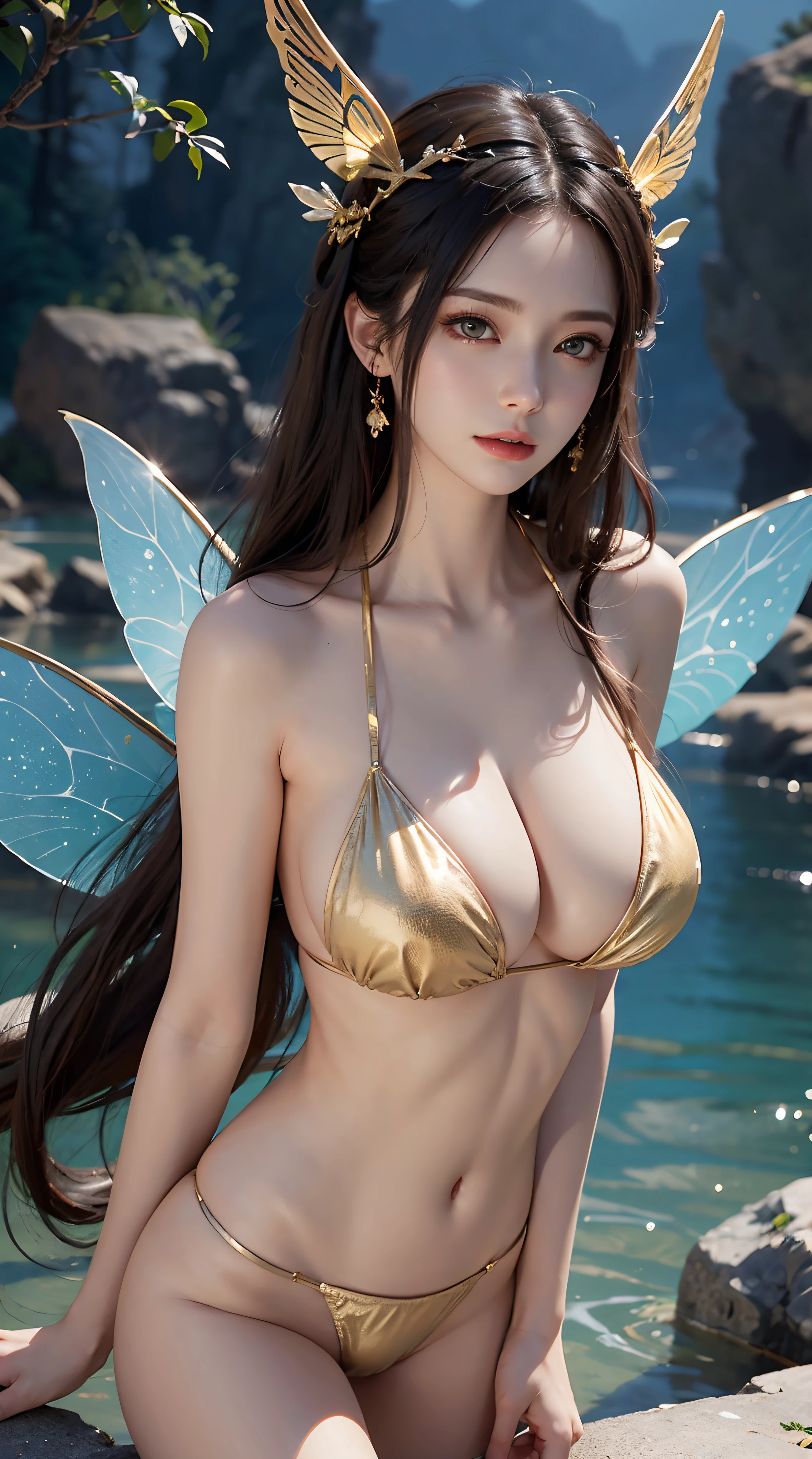 (1girll:1.3)、full bodyesbian，独奏、Body parts__Realistic skin、White and tender skin、(huge tit)、((cleavage))，((Fairy wears golden bikini，Golden fairy wings，gossamer))，(long leges)，full bodyesbian，(magic energy)，ssmile，Tulle streamers，Fairies in Chinese mythology，Chinese mythological background，Landscape scenery，offcial art、统一 8k 壁纸、ultra - detailed、Beauty and aesthetics、big breasts beautiful、tmasterpiece、best qualtiy、Fantastical Atmosphere、calm color palette、soft shade、carismatic，gigantic cleavage breasts，perfect boobs，s the perfect face，Perfect body，during night，Voluptious body，looking toward the viewer