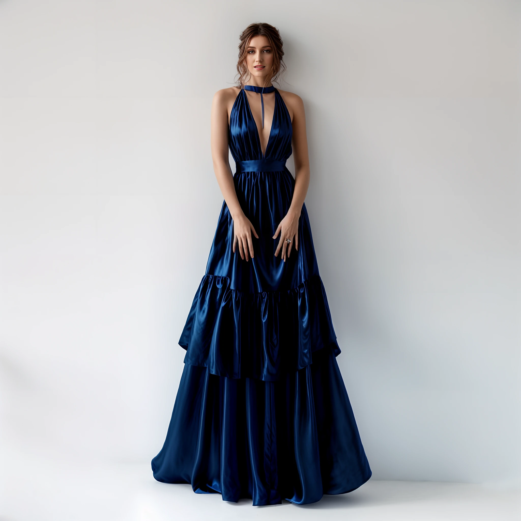 Arad woman in blue dress standing on a white wall, Stylish facial features，wearing long gown, flowinggown, elegant dark blue dress, Long dress, wearing evening gown, Long blue dress, Blue silk dress, jovana rikalo, Wearing a long dress, floating dress, Dressed in elegant dresses, wearing flowing dress, offcial dress, kaftan