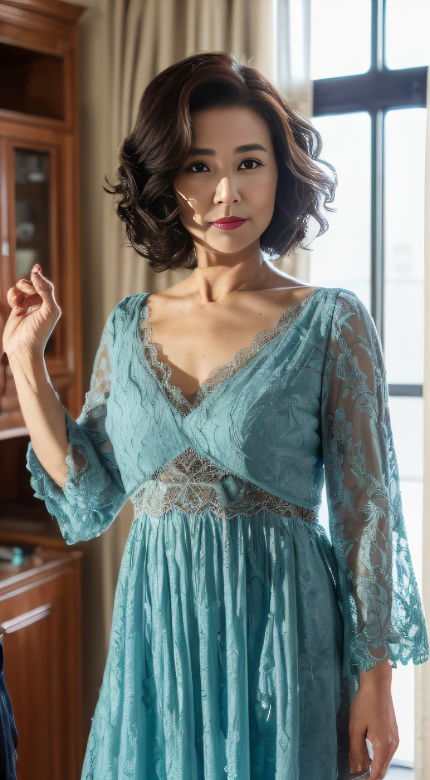 ((Best quality, 8K, Masterpiece, Portrait: 1.3)), (View viewers), Photorealism, Sharp focus, Solo, Chinese Moro Islamic Liberation Front, Beauty, Clothes with Cleavage View, 28 years old, Curly hair, Chiffon dress ((Walking)), Room,