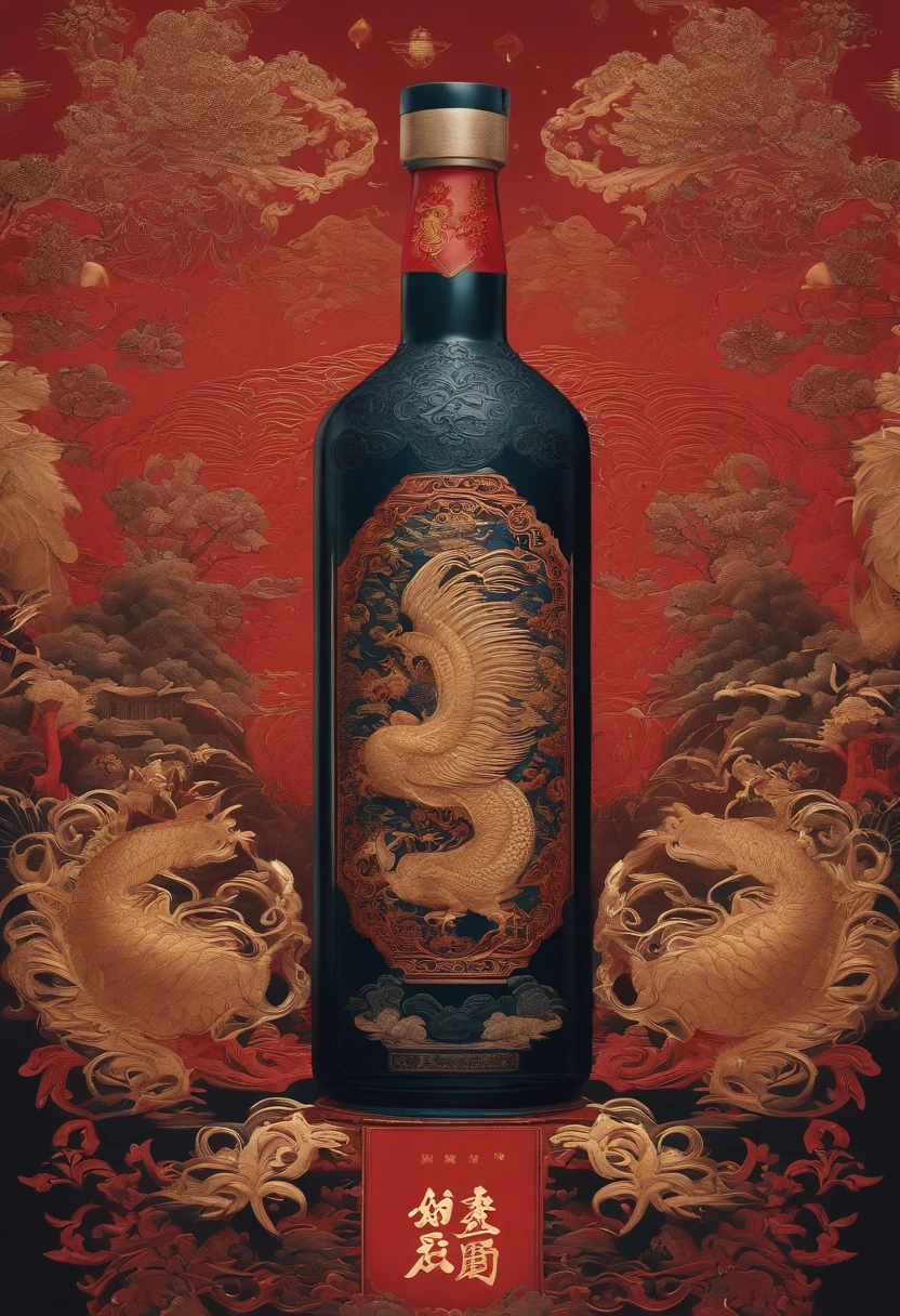 Noisy album cover,The main body is a bottle with Chinese mythology as the theme、Complex pattern liquor