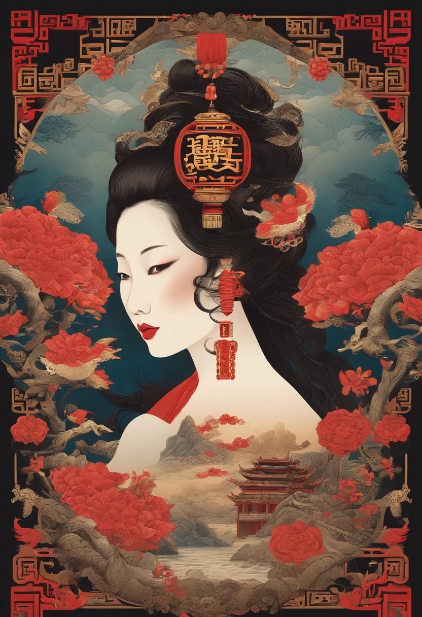Noisy album cover art，The main object is a bottle of baijiu with a theme of Chinese mythology and intricate patterns