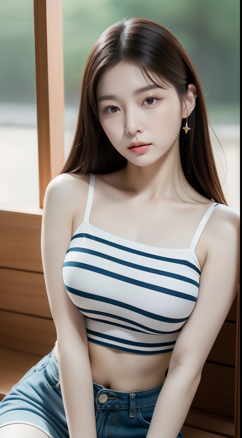 realistic photos of 1 cute Korean star, straight hair, white skin, thin makeup, 32 inch breasts size, wearing striped vertical crop top, sitting on the bench, in the tea house, close-up portrait, UHD