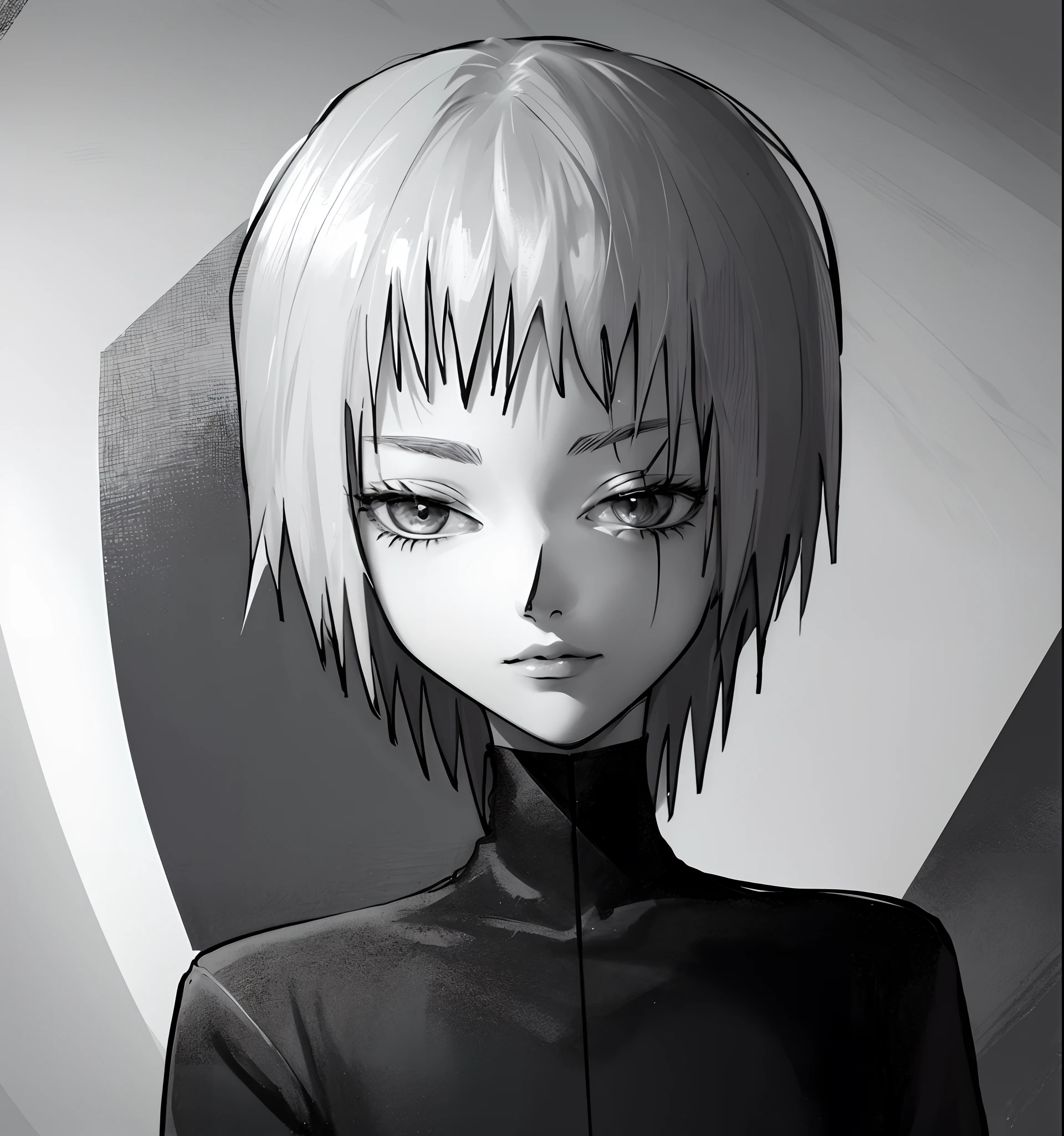 A painting of a teenager with short hair and a short face, clean anime outlines, Simple lines of art, sharp lineart, clean lineart, perfect lineart, Detailed anime face, thick black lineart, Detailed anime soft face, anime shading), anime shading, intense line art, flat anime style shading, anime style drawing, linear art, semirealistic anime style，Silvery hair，Dark clothes，Delicate face，Libido boy，male people，Leave the lines of the left eye unchanged