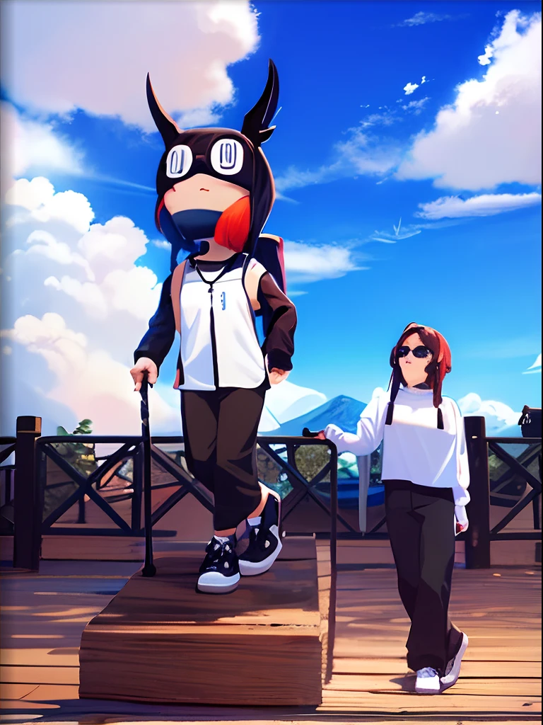 A girl climbs a mountain with a small walking stick，Wearing black sunglasses，black color hair, Wearing a white top, black long pants，White sneakers，Imitate the movements of the statue of the donkey friend next to it，The background is under a clear sky，Blue-white sky