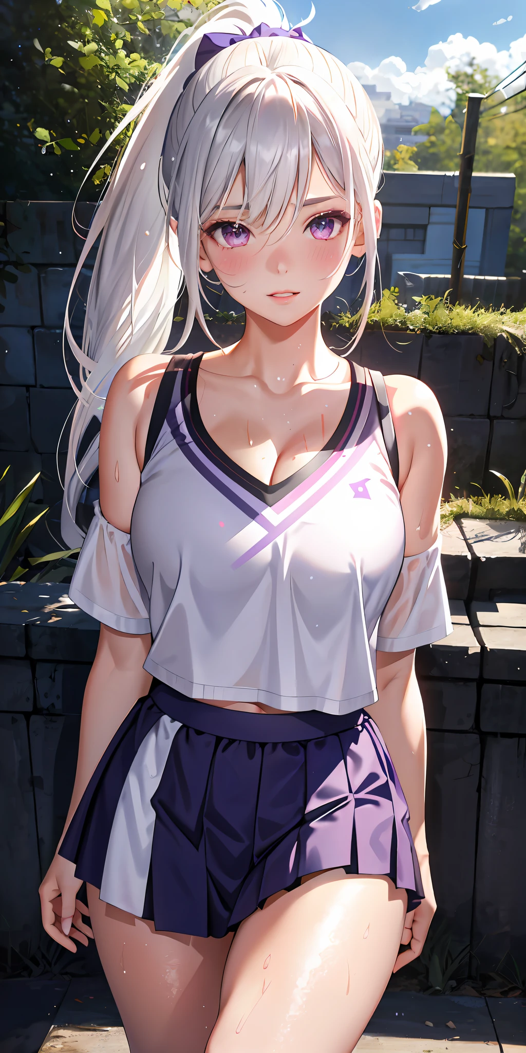 realistic, 1girl, ponytail, parted lips, blush, makeup, light smile, white hair, sportswear, skirt, wet clothes, glow, thighs, purple eye, bare shoulders, collarbone, narrow waist, sunbeam, sunlight, rose, wind, cleavage, (masterpiece), sweat,
