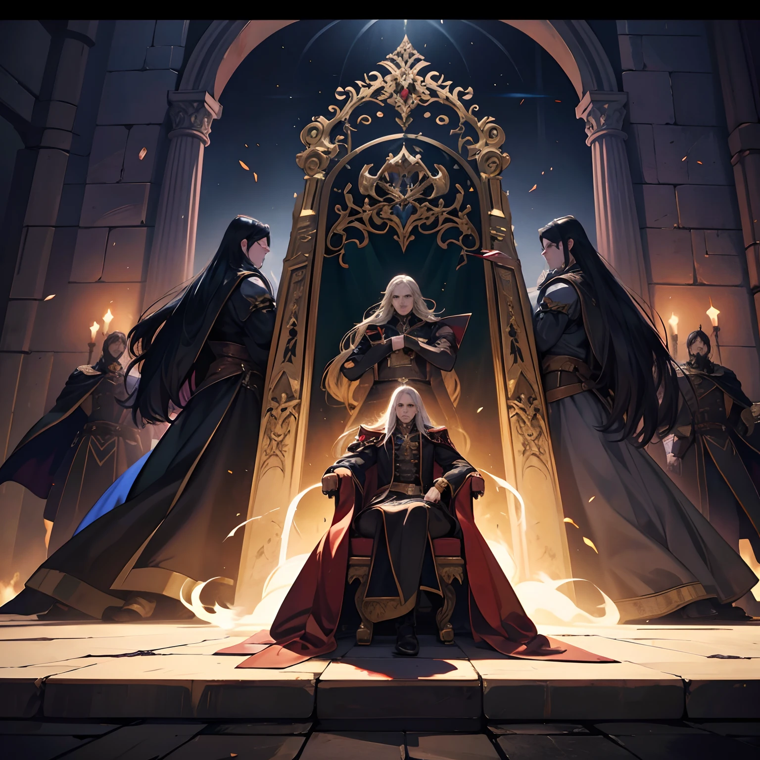 Castlevania Lord of Shadows Lord Dracula in the throne room with his great legendary soldiers looking in hyper realistic Super detailed Conquest Map Dynamic shot centerpiece cinematic scene of the film