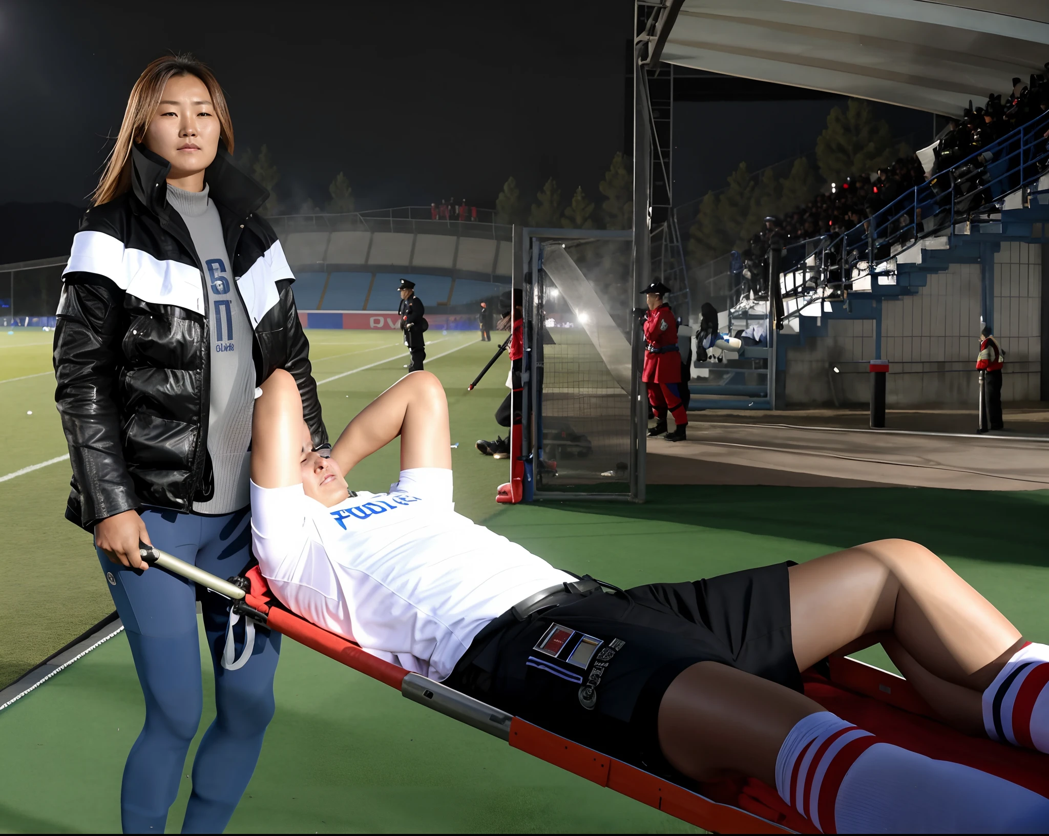 the policewoman holds the stretcher in her hands, the policewoman grabs the handles of the stretcher with her hands, the man on the stretcher is visibly in pain, stadium atmosphere, the man is lying flat on his back on the stretcher and has his arm draped over his face, A scene at a soccer stadium in Mongolia, a man lying flat on his back on the stretcher with his arm over his face, lying flat on his back on the stretcher his arm is covering his face, he has his arm over his face while being carried on the stretcher, There is an attractive and heavily made-up Mongolian female police officer in a long black leather coat, A Mongolian female police officer in a shiny black leather coat on a soccer field, A Mongolian female police officer is holding a stretcher, A man is lying on the soccer stadium his back with his torso on the right in matt and roughened white and red sportswear on a stretcher, a man lies on a stretcher and has his left arm bent over his face, we only see the torso and thighs of the male athlete who is being carried with the stretcher to the left off the picture, the man lies on his back on the stretcher and covers his face with his bent left arm, the mongolian policewoman is exceptionally heavily made up and has an extremely desperate and very angry expression on her face, high-resolution photo, realistic sports photo, soccer scene, mongolia, mongolian policewoman, uniformed woman in black shiny long leather coat, injury scene, real photo, ultra realistic, high definition, sports photography