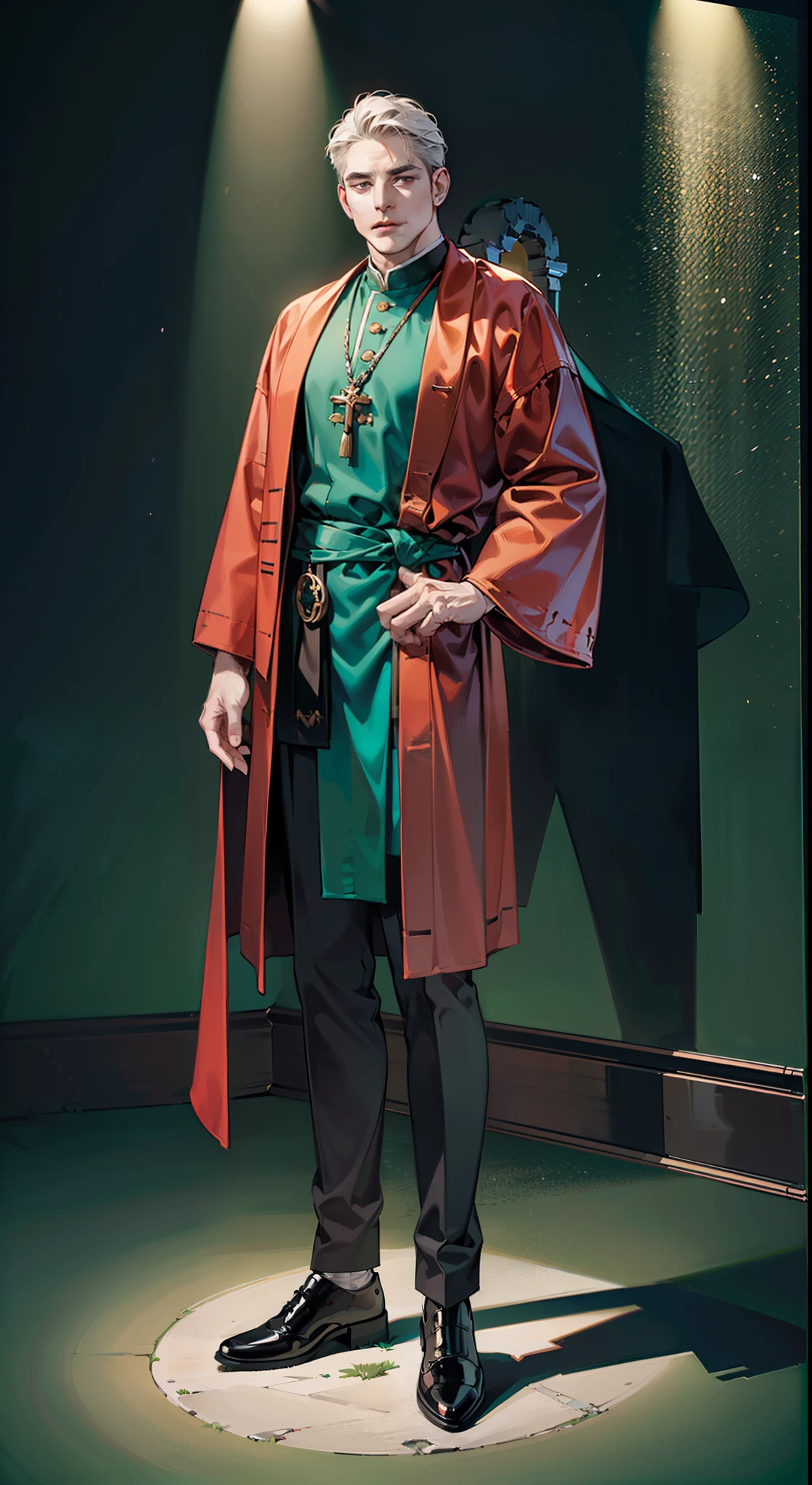Dark green background,(Full-body portrait on the front:1.8),aged 40,Male priests,dark red clothes,(Clothes are shabby),standing on two feet,Robe,Middle aged,mistic,Full body like,One guy,hoary,facing to audience,religion