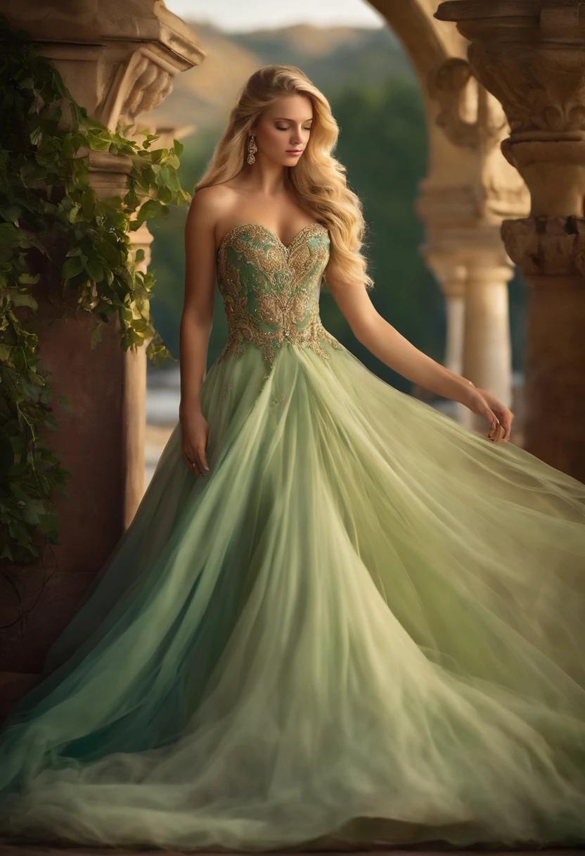 Fullbody 128k Bluray Extreme UHD 4K High quality image. An incredibly beautiful woman catches my attention, with long curly blonde hair that falls like waterfalls, and green eyes. Its presence radiates elegance and charm, its features perfectly highlighted by the ambient glow. Its presence radiates elegance and charm, its features perfectly highlighted by the ambient glow. real hair style, immersed in happiness, adding a personal and intimate touch to the scene." Rendered in stunning 4K and UHD resolution, everything comes to life in a mesmerizing 16K masterpiece, with a mesmerizing aura and high level of detail, illustration , beautiful portrait, beautiful woman with blonde hair, 4K, UHD, 4K Ultra HD image, extremely fascinating ethereal light, intricate details, extremely detailed, incredibly detailed The woman wears a long, modest and flowing dress, with high heels.