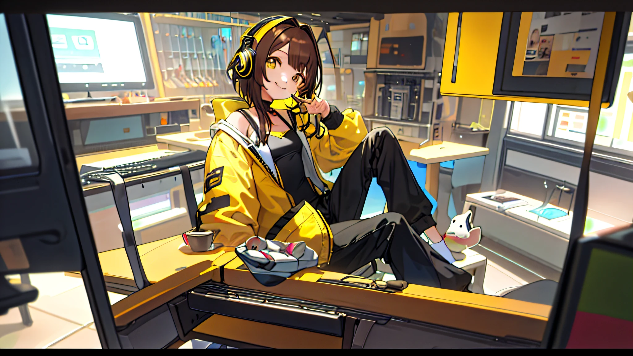 (1 girl、brunette color hair、Hair straightening、hair adornments、ssmile、A smile、small tits、cute face)、Yellow jacket、Black pants、full body Esbian、camera view、Turntables on both sides of the blender console、tmasterpiece、top-quality、nffsw、Wearing headphones around your neck