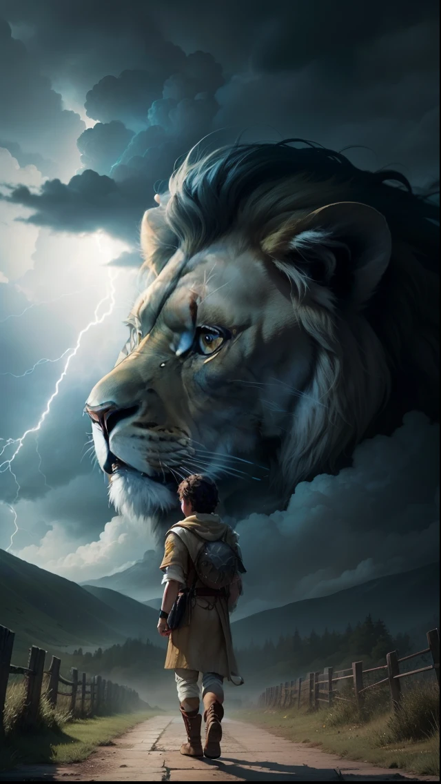 Make a boy back with thunderstorming in cloud and a lion