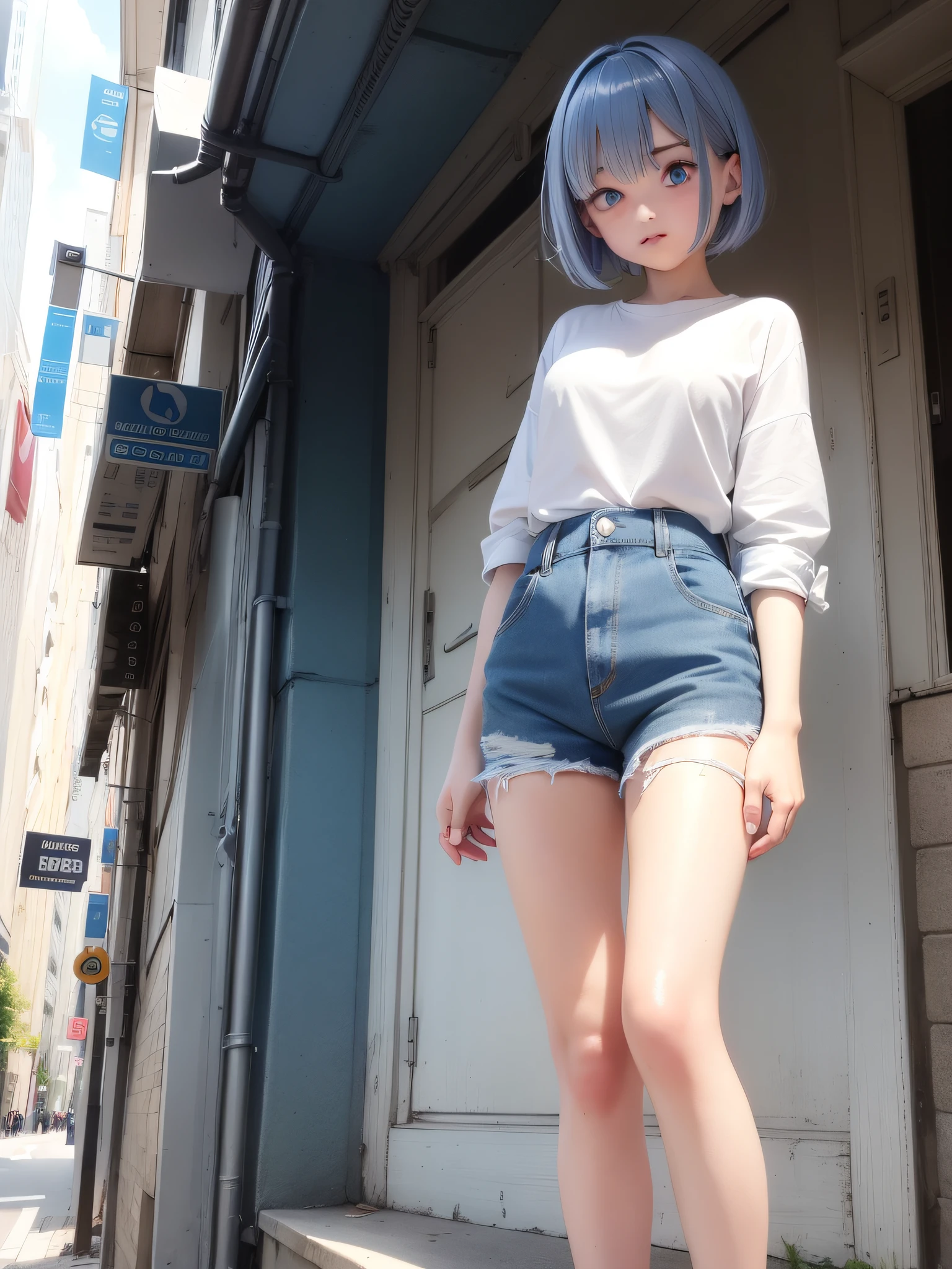 1 girl, short blue hair, blue eyes, wearing white shirt, denim shorts, city, absurdres, high res, ultra sharp, 8K, masterpiece, looking at a viewer