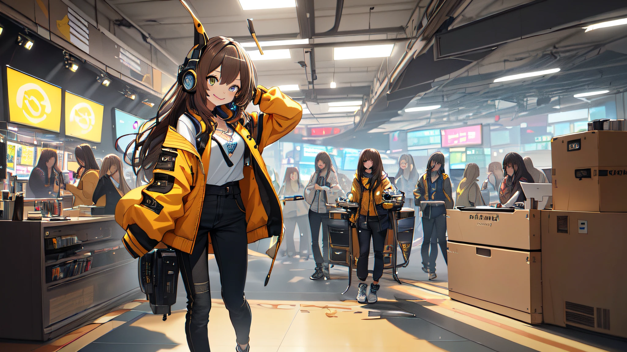(1 girl、brunette color hair、Hair straightening、hair adornments、ssmile、A smile、small tits、cute  face)、Yellow jacket、Black pants、full body Esbian、camera view、Turntables on both sides of the blender console、tmasterpiece、top-quality、nffsw、Wearing headphones around your neck