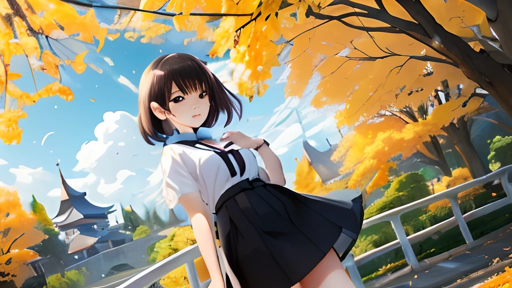 Anime girl in short skirt standing in front of bridge, ilya kuvshinov landscape, anime moe art style, Smooth Anime CG Art, Anime visuals of cute girls, official artwork, makoto shinkai art style, anime style 4 k, Shinkai Makoto style, beautiful anime high school girl, style of makoto shinkai, 🍁 Cute