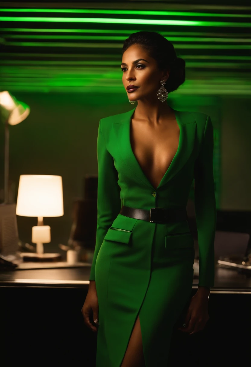 I want a well-dressed Brazilian woman of executive sex standing in the office environment with the green led background