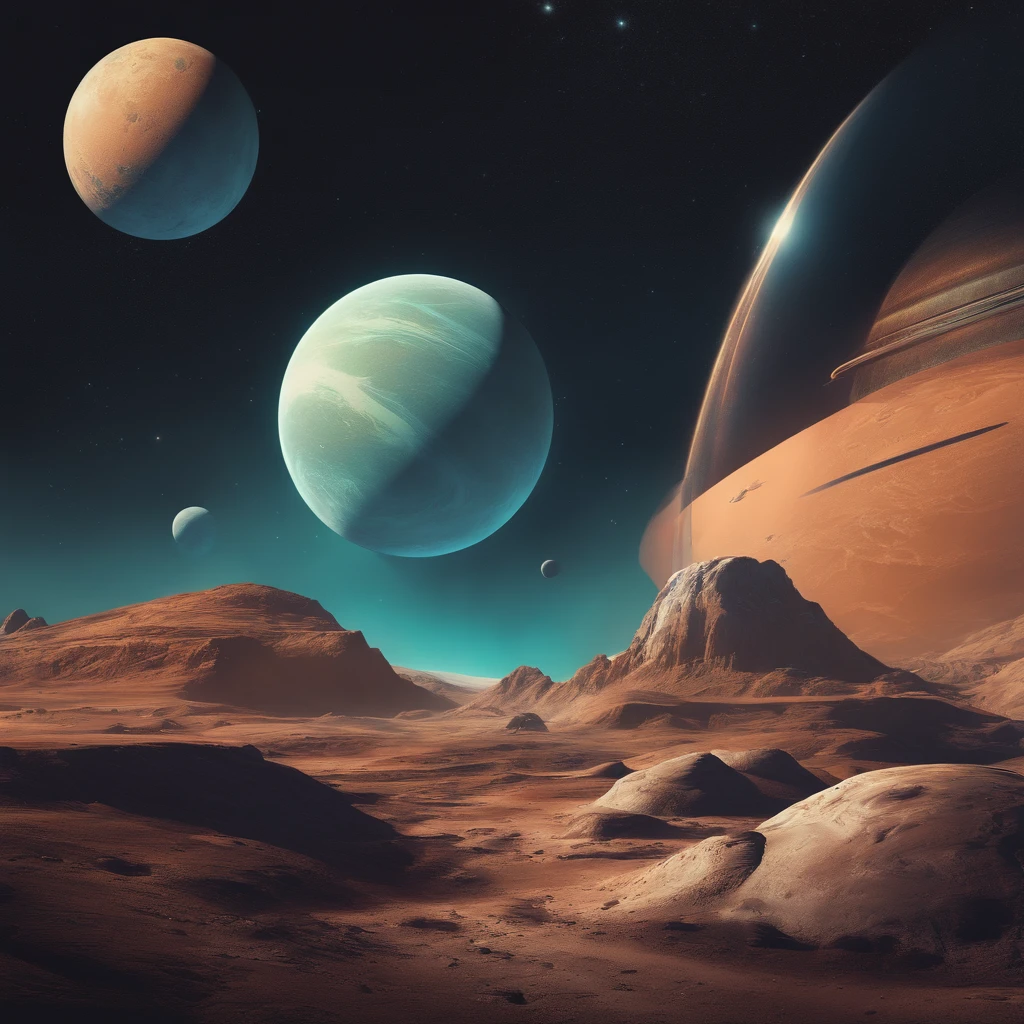 (best quality,highres:1.2),ultra-detailed,(realistic:1.37),retrofuturistic,6 moons planet,spaceships,comic book-style illustration,highly detailed,retro color palette,studio lighting,sci-fi