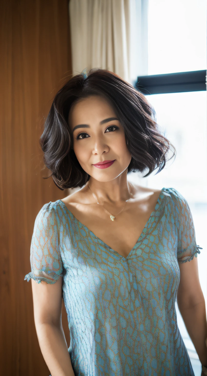 ((Best quality, 8K, Masterpiece, Portrait: 1.3)), (View viewers), Photorealism, Sharp focus, Solo, Chinese Moro Islamic Liberation Front, Beauty, Clothes with Cleavage View, 28 years old, Curly hair, Chiffon dress ((Walking)), Room,