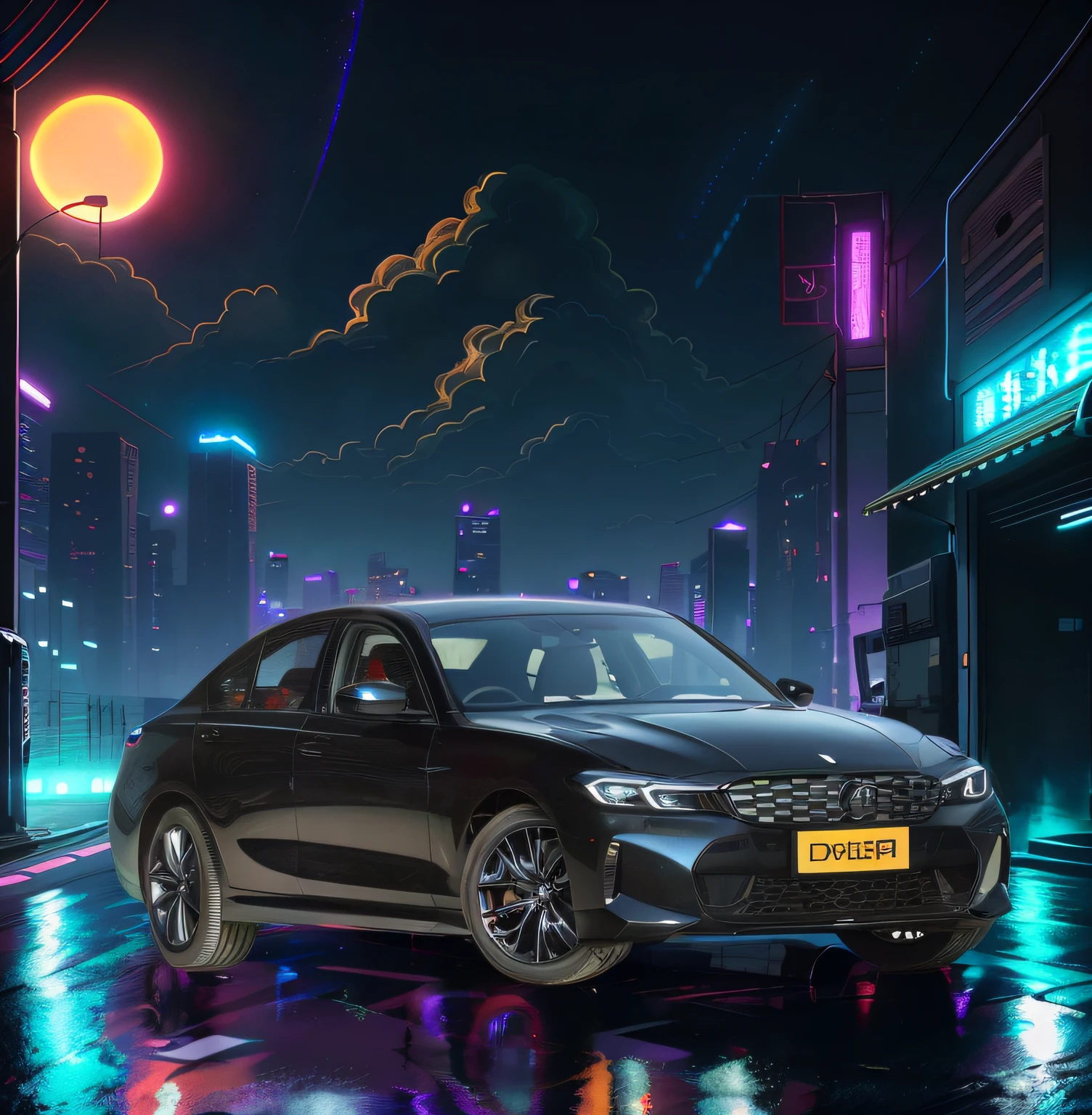 Alafde image of a car parked in the city at night, automotive photography, car commercial photograph, vehicle photography, Black car, auto photography, shot on canon eos r 5, shot on a Canon EOS R5, Hyper-realistic cyberpunk style, cyberpunk with neon lighting, hyper realistic background, cinematic neon matte painting, automotive photography, promotional render, style of surrealism