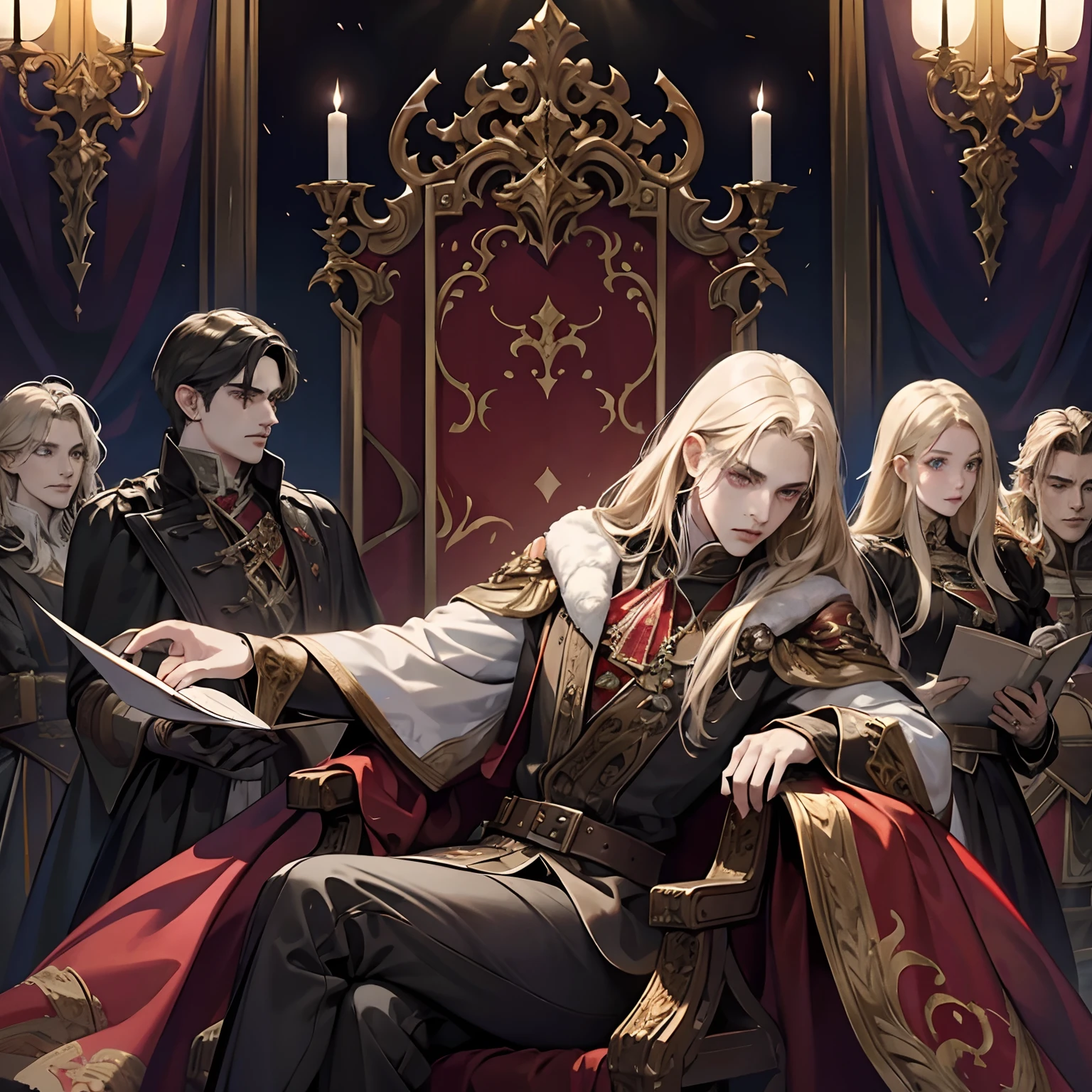 Castlevania Lord of Shadows Lord Dracula in the throne room with his great legendary soldiers looking in hyper realistic Super detailed Conquest Map Dynamic shot centerpiece cinematic scene of the film