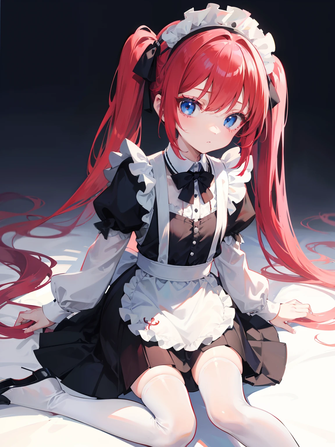 red hair,blue eyes,twintails,maid, long hair, long sleeves, gothic, solo, loli,Short skirt, white stockings,{{best quality}}, {{masterpiece}}, {{ultra-detailed}}, {illustration}, {detailed light}, {an extremely delicate and beautiful}, girl,cute,