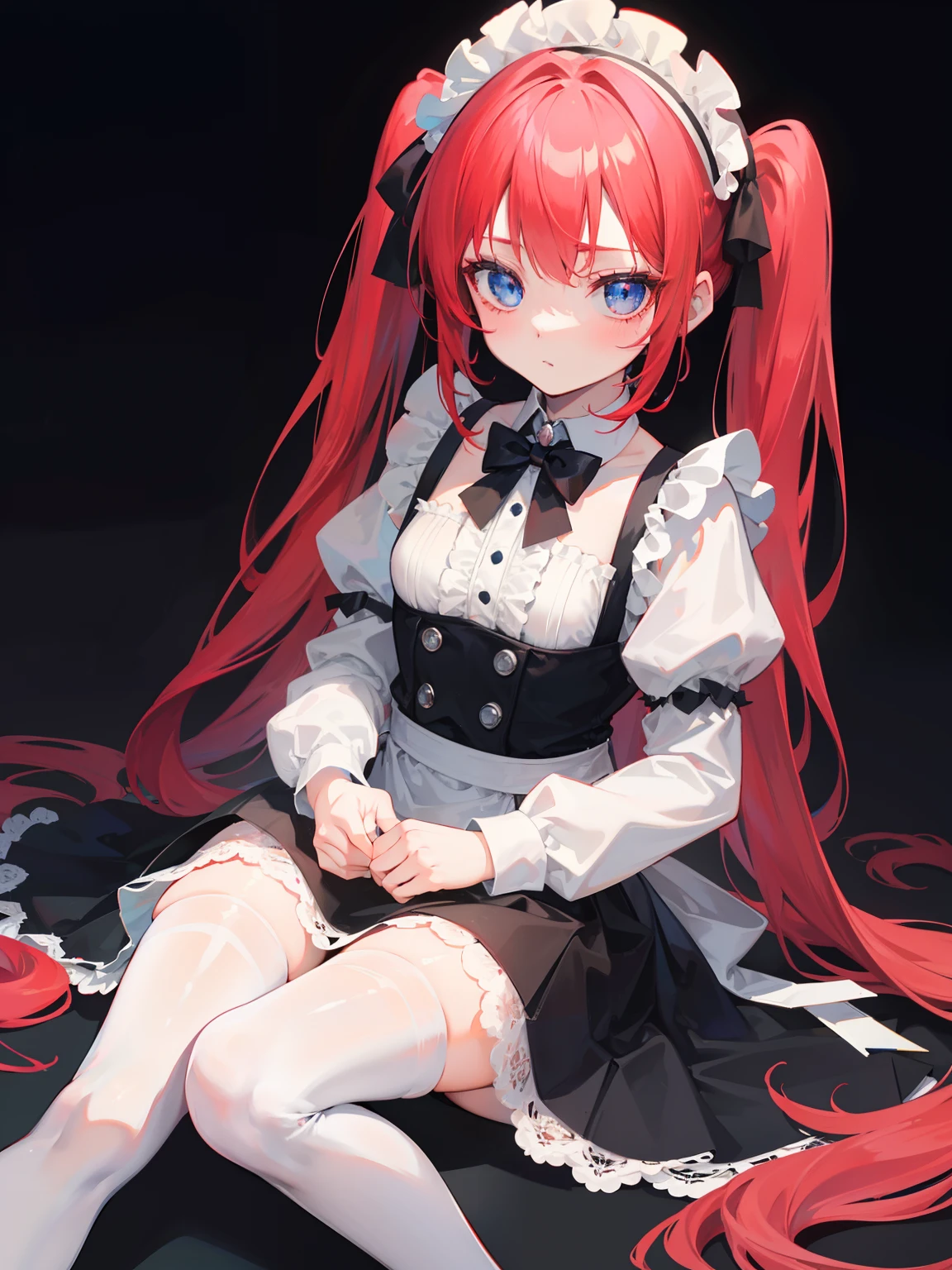 red hair,blue eyes,twintails,maid, long hair, long sleeves, gothic, solo, loli,Short skirt, white stockings,{{best quality}}, {{masterpiece}}, {{ultra-detailed}}, {illustration}, {detailed light}, {an extremely delicate and beautiful}, girl,cute,