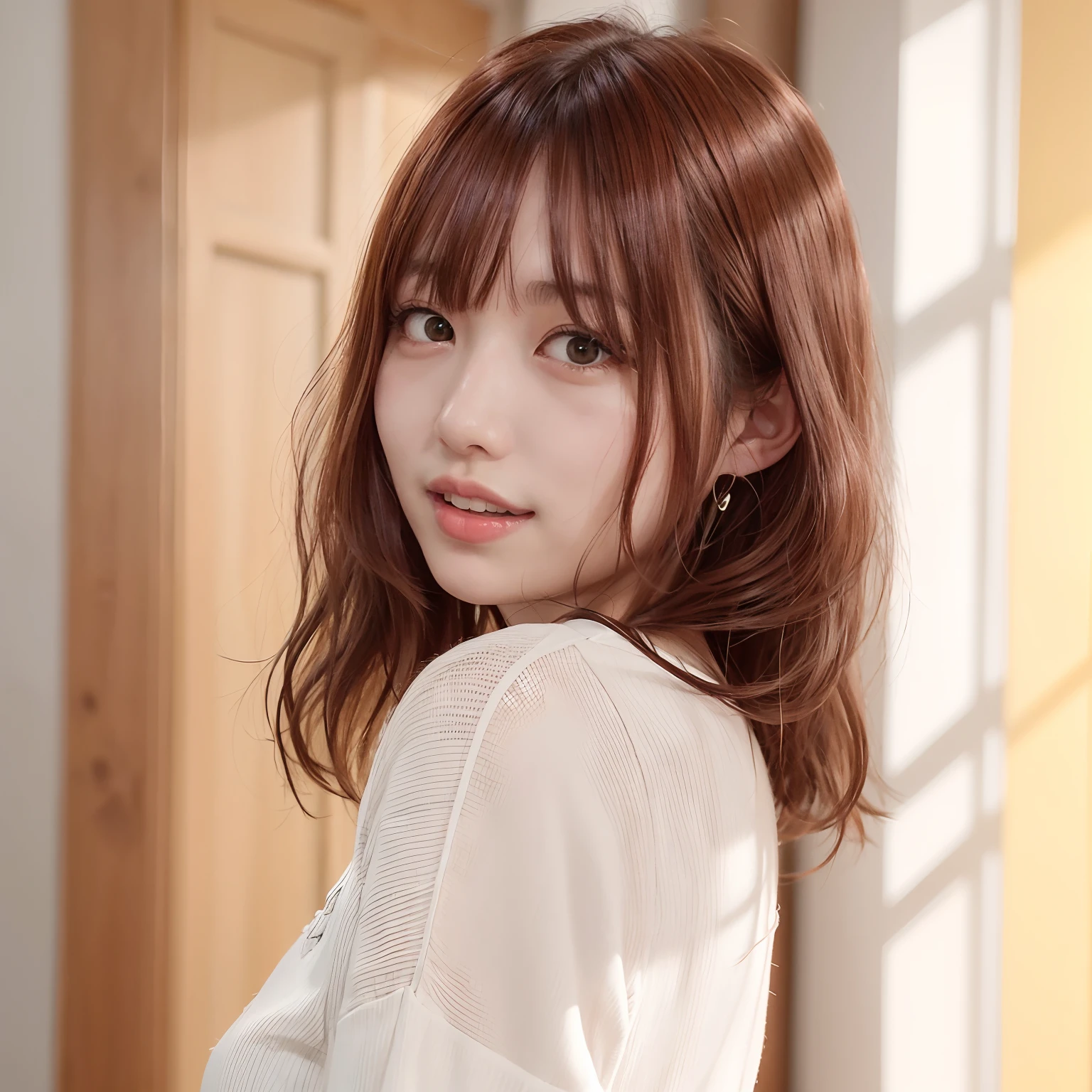 À la Fed woman with long red hair and yellow camisole, chiho, neat hair with bangs, 奈良美智, Shiori Teshirogi, hime-cut, With short hair, Red hair and bangs, With bangs, rena nounen style 3/4, Wavy shoulder-length hair, shoulder-length hair、Laughing with open mouth、Beautiful collarbone、