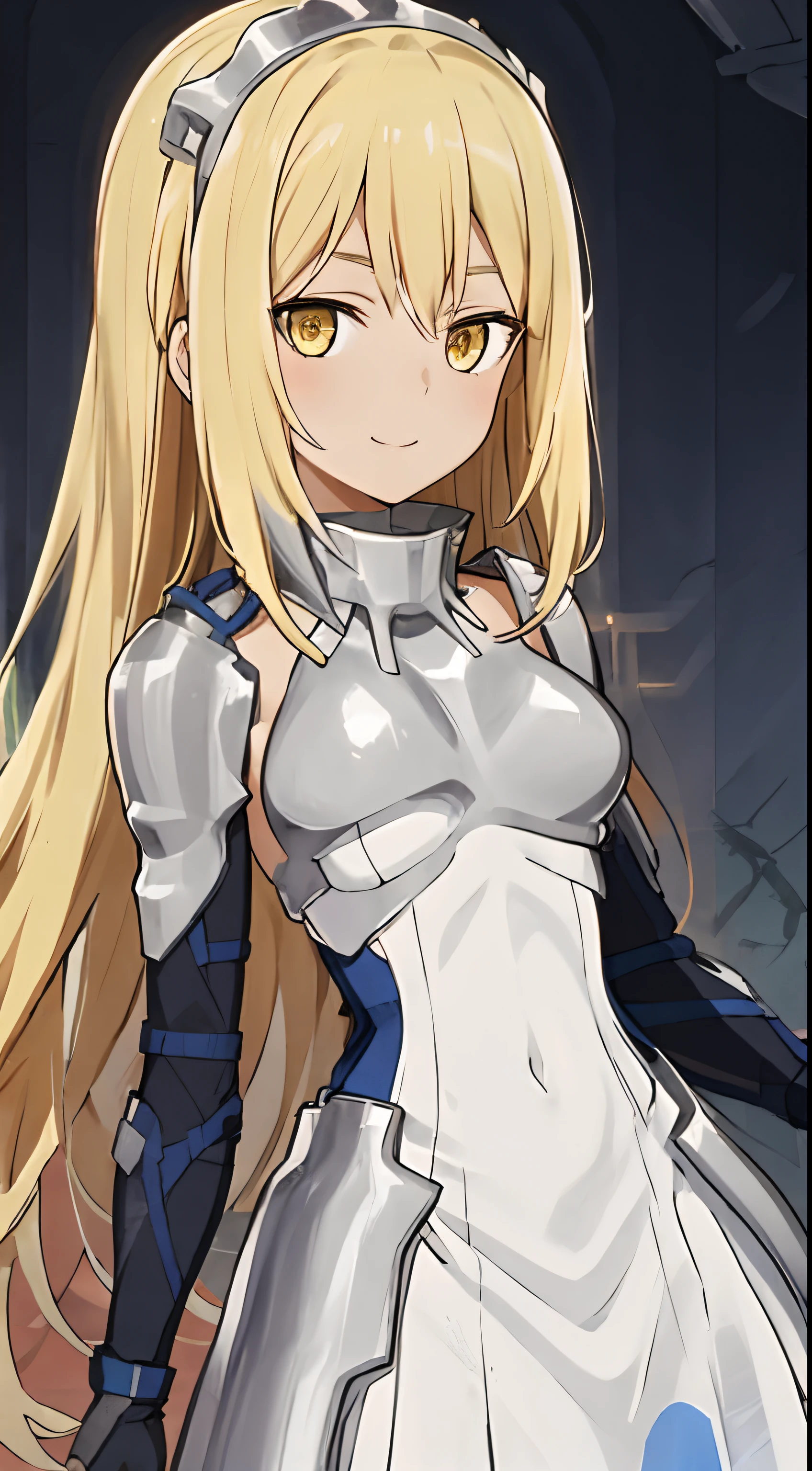 iced, 1girl in, Solo, Blonde hair, armor, Long hair, Straight hair, Dress, Yellow eyes, breastplates, Shoulder Armor, gloves, A smile、lawn、suns、verdant、The upper part of the body