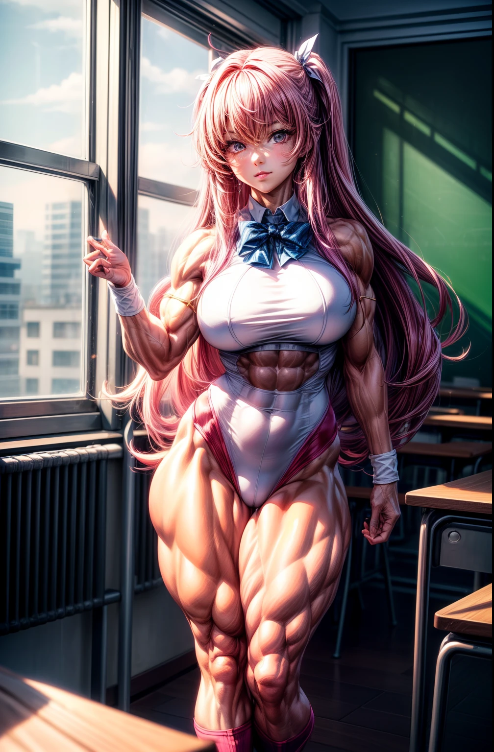 (BEST lighting) , (ultra intricately detailed) , 4K unification, (super-detailed CG: 1.2) , (8K: 1.2),(Original), (Masterpiece) , (Best quality),(Masterpiece:1.4),Anime-ish high quality,(Masterpiece),Masterpiece, Super clear picture quality,Clearer than movies,(Fine face)Best quality, absurderes,((masterpeace, 4K, 8K, Yes, A high resolution))1girll, schoolgirls,ssmile,She was in the classroom,Black school uniform,white bowties,Bow knot,Ten strong abs,Perfect body proportions,standing on your feet,Exposing the abdomen, White costume,There are bulges of dense veins on the arms,Spring, Sports boots, Perfect figure, Long anxious pink hair, Dynamic pose,Legs exposed,Strong leg muscles ((body builder:1.5)),Classroom(Beautiful bace),(Girl),(Female),(((Upper body:1)))