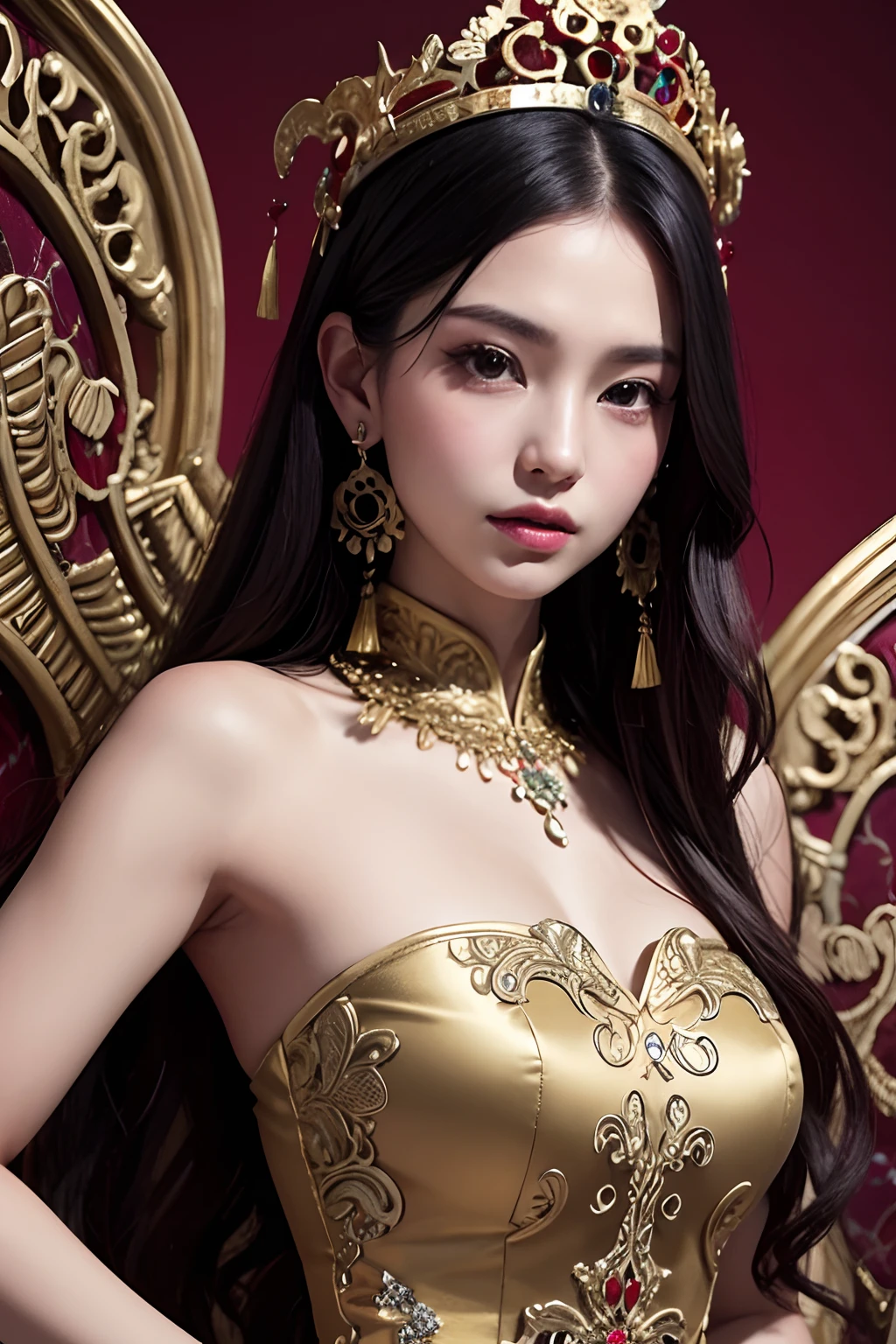 A woman in a red and gold Chinese dress，Phoenix crown，a chinese wedding，（tmasterpiece，top Quority，best qualtiy，offcial art，Beauty and aesthetics：1.2），（1girll：1.3），The is very detailed，（s fractal art：1.1），Most detailed，（ zentangle:1.2), full bodyesbian, (abstract backgrounds:1.3), (Shiny skin), (many color:1.4), ,(Earrings), (feater:1.5),