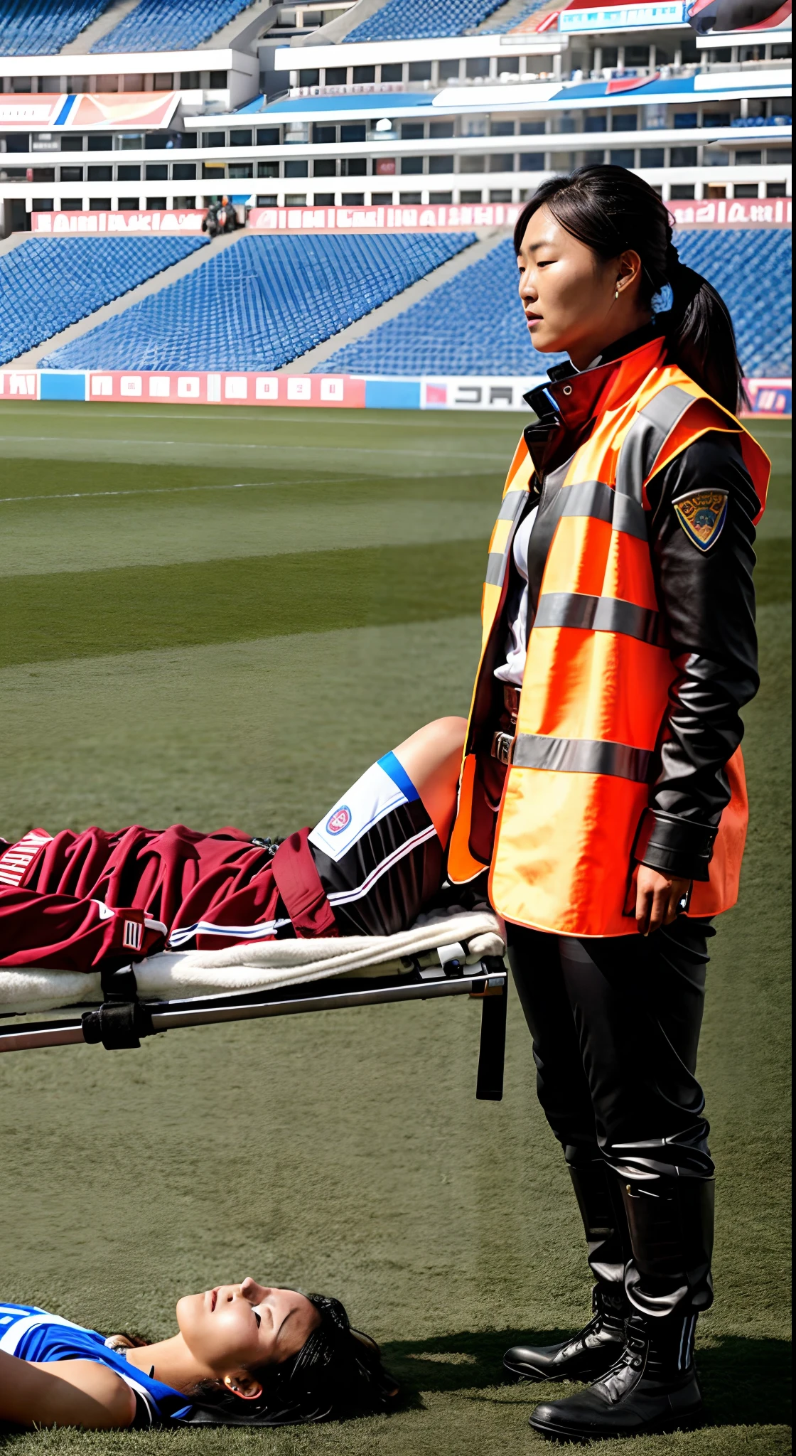 the policewoman holds the stretcher in her hands, the policewoman grabs the handles of the stretcher with her hands, the man on the stretcher is visibly in pain, stadium atmosphere, the man is lying flat on his back on the stretcher and has his arm draped over his face, A scene at a soccer stadium in Mongolia, a man lying flat on his back on the stretcher with his arm over his face, lying flat on his back on the stretcher his arm is covering his face, he has his arm over his face while being carried on the stretcher, There is an attractive and heavily made-up Mongolian female police officer in a long black leather coat, A Mongolian female police officer in a shiny black leather coat on a soccer field, A Mongolian female police officer is holding a stretcher, A man is lying on the soccer stadium his back with his torso on the right in matt and roughened white and red sportswear on a stretcher, a man lies on a stretcher and has his left arm bent over his face, we only see the torso and thighs of the male athlete who is being carried with the stretcher to the left off the picture, the man lies on his back on the stretcher and covers his face with his bent left arm, the mongolian policewoman is exceptionally heavily made up and has an extremely desperate and very angry expression on her face, high-resolution photo, realistic sports photo, soccer scene, mongolia, mongolian policewoman, uniformed woman in black shiny long leather coat, injury scene, real photo, ultra realistic, high definition, sports photography