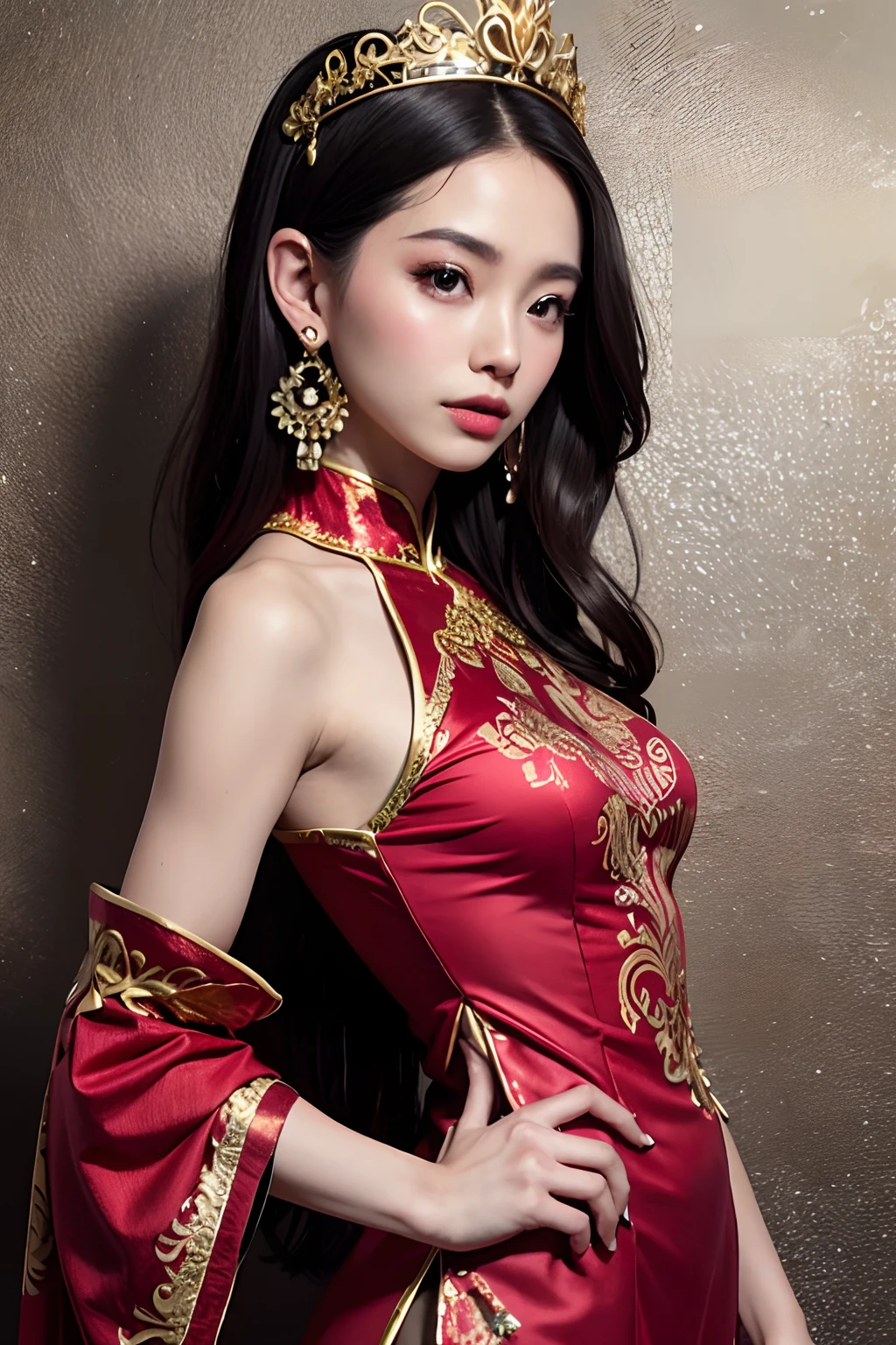 Chinese beauty, wearing a red halter top with gold embroidery on the chest and shoulder straps in a simple style, upper body portrait photography with an indoor background and natural light producing soft tones and delicate skin texture with elegant movements and charming eyes.