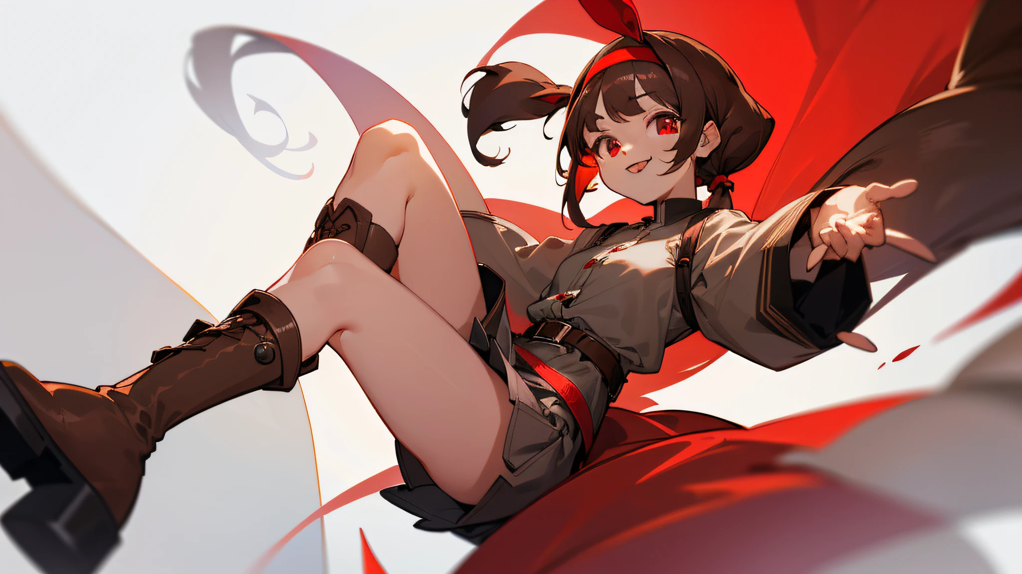 top-quality、extremely delicate and beautiful、(((Only 1 person)))、(Brown skin)、(Dark hair)、Gray clothes with vertical buttons、Belt at waist、grey miniskirt、((poneyTail))、(red hairband)、(Brown boots)、Red-eyed、A smile、