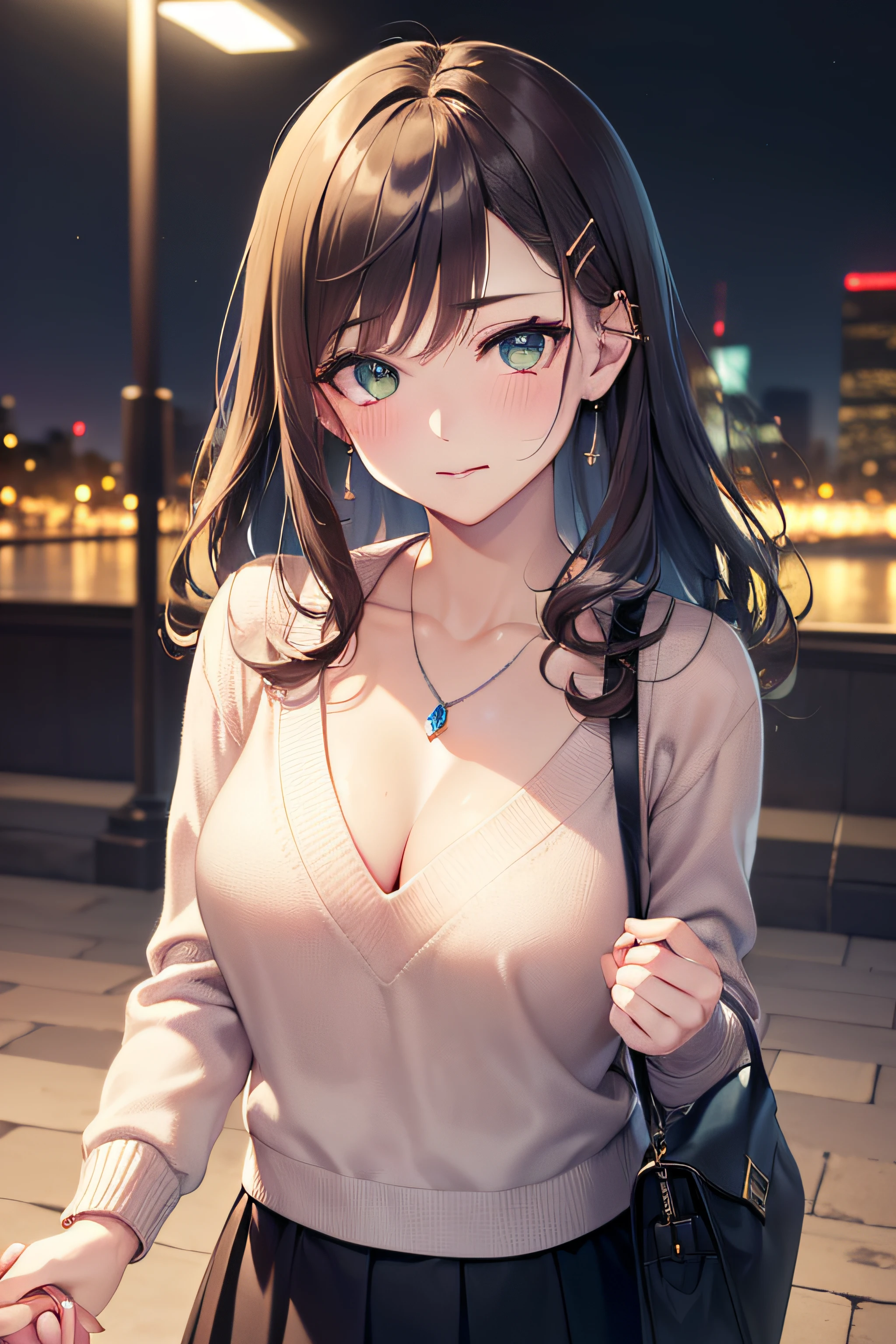 ((masterpiece, best quality, highres, UHD, perfect pixel, depth of field, 4k, RTX, HDR))), 1girl, single, solo, beautiful anime girl, beautiful artstyle, anime character, 24 years old, ((long hair, bangs, dark brown hair, curly hair:1.4, hair pin)), ((detailed face, blushing:1.2)), ((detailed eyes, anime eyes style, beautiful eyes, green eyes:1.8, sparkling effect)), ((smooth texture:0.75, realistic texture:0.5, anime CG style)), ((medium breasts, cleavage)), dynamic angle, busty, perfect body, ((close up, POV, cute, shot on face, holding hands)), ((casual clothes, white sweater, skirt, the bra is visible from inside the sweater)), outdoor background, absurd background, bokeh:1.4, ((night, night lights)), crowd, city building, ((minimalist necklace, silver necklace, baguette bag))