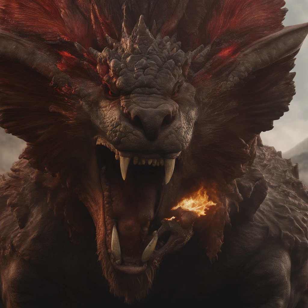 Jin Tianlong，piercing red eyes,Close-up of blood fire released from the nose,Chest scales,high high quality,8K,Many details,Fire lettuce,Alas,4 legs,Spotted claws,golds,dangers,fires,dentes pontiagudos,big dragon,immensity,threatening,imponent