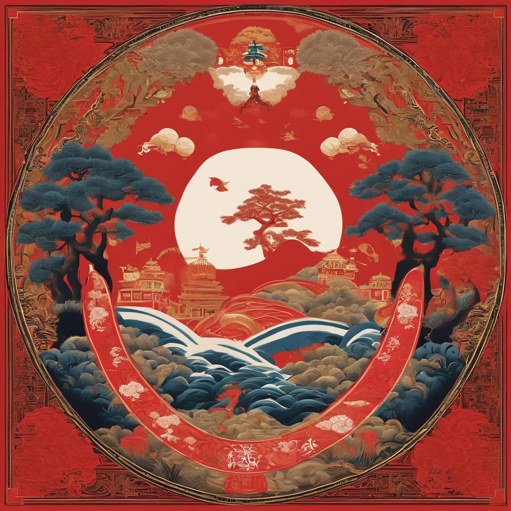 Noisy album cover,The main object is a bottle of baijiu with a theme of Chinese mythology and intricate patterns