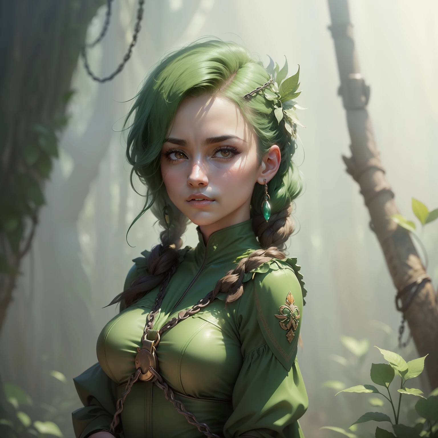 1 women, character portrait, portrait, low key lighting, hazy background, foggy background, bright lights,🌱,((🦚)),⛓, (⛓⛓⛓⛓⛓⛓⛓⛓⛓⛓:1.5), hd quality