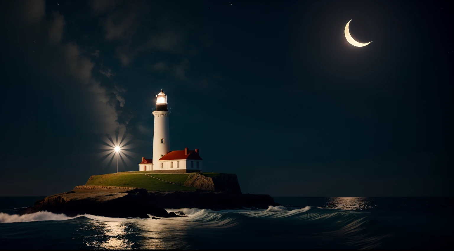 An illustration of a lighthouse on a dark night, emitindo uma luz forte e constante.