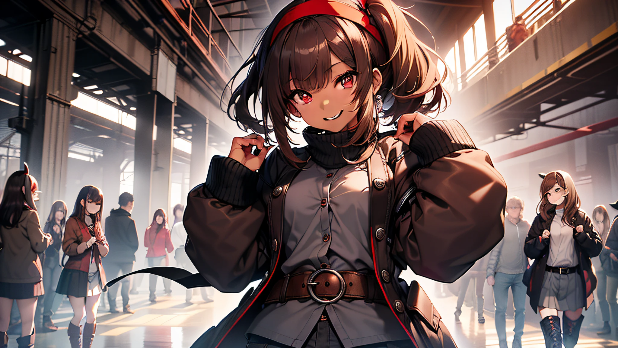 top-quality、extremely delicate and beautiful、(((Only 1 person)))、(Brown skin)、(Dark hair)、Gray clothes with vertical buttons、Belt at waist、grey miniskirt、((poneyTail))、(red hairband)、(Brown boots)、Red-eyed、A smile、