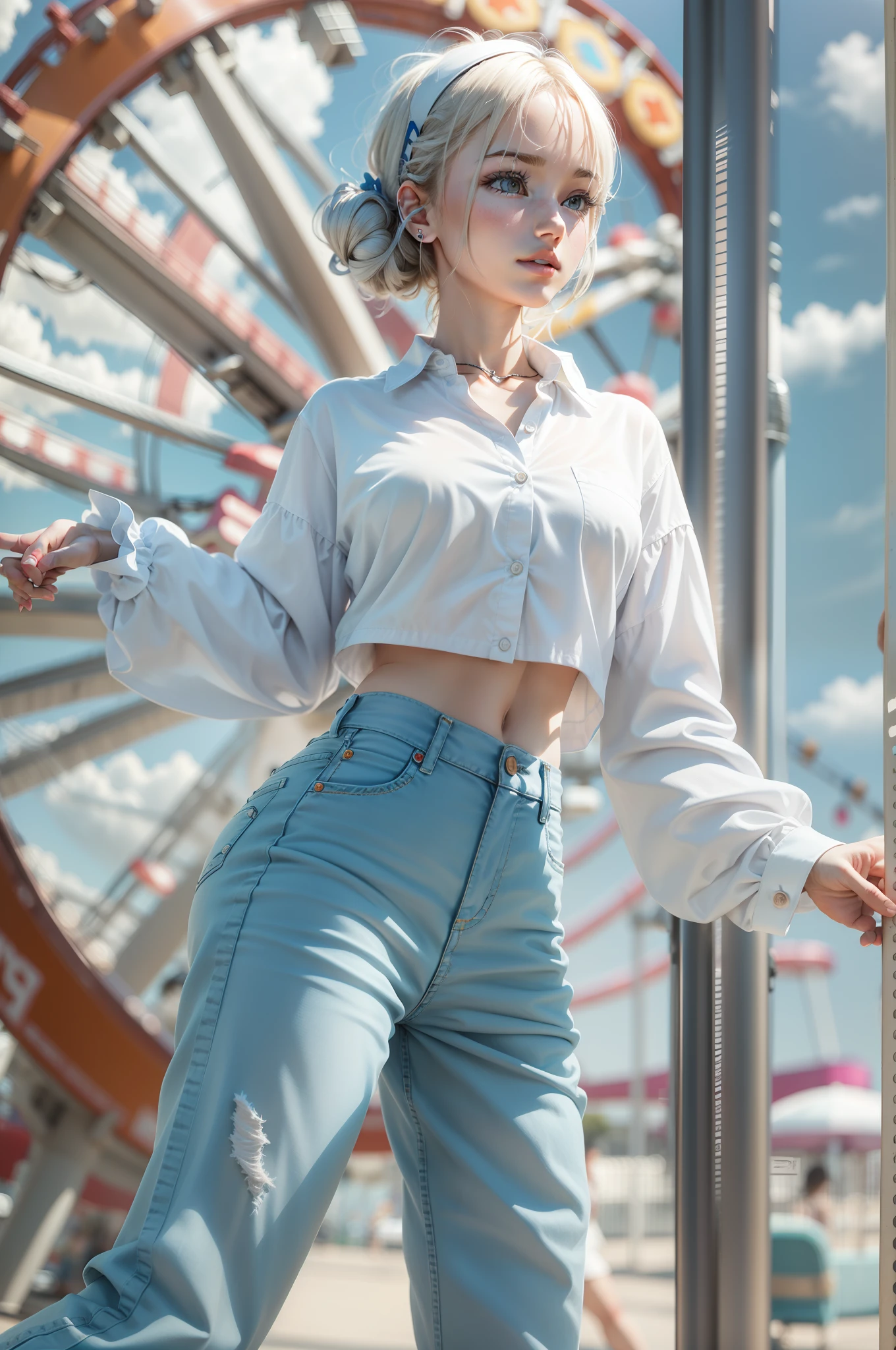 Ultra photo realsisim,poster for,hyper realisitc,(Delicate facial features1.5)(Slim and slender fingers)(Fair skin type 1.5),Gentle lighting,(Sunshine 1.3)Super light and shadow,A 19-year-old boy leads an 18-year-old girl,blissful,dolce,ssmile,closeup cleavage(50mm focal length),(Boy's white shirt,Casual trousers 1.3),(Girls light blue denim back strap cropped pants 1.3,Short white socks)Little white shoes for couples,Amusement park Ferris wheel background,(Idol drama style 1.2)Hyper-realistic,Extreme light chasing,(Delicate skin1.5),Photorealistic photos,closeup cleavage