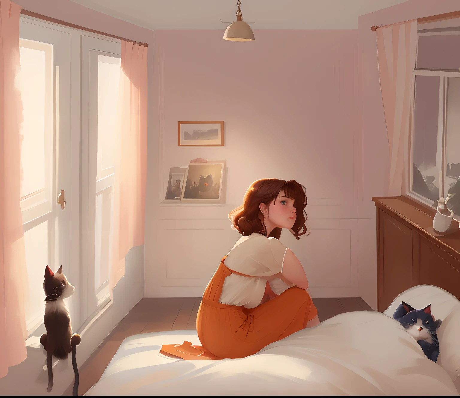 painting of a woman, sitting in bed and looking out the window,The cat sleeps in bed like a man,  chris van allsburg, van allsburg, inspired by Pieter de Hooch, by Krzysztof Boguszewski, Dragan Bibin, based on Andrea Kovch, Francine Van Hove, based on John Brack, inspired by Ruth Sanderson