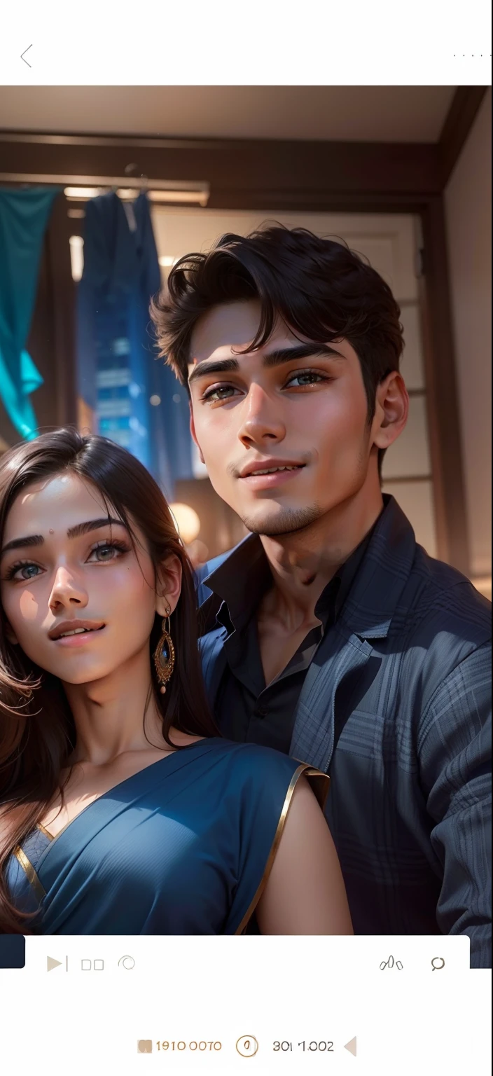 A handsome 20 year old boy with brown eyes wearing blue suit and shirt fit body with smile on face and a beautiful 19 year old girl with round face, black eyes wearing blue saree