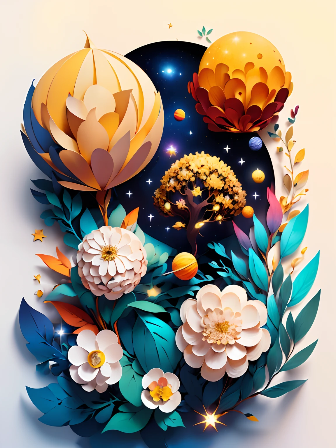 (((obra-prima))), melhor qualidade, illustration, corlho, tree, folhas, flores, outer space, papel_cortar,