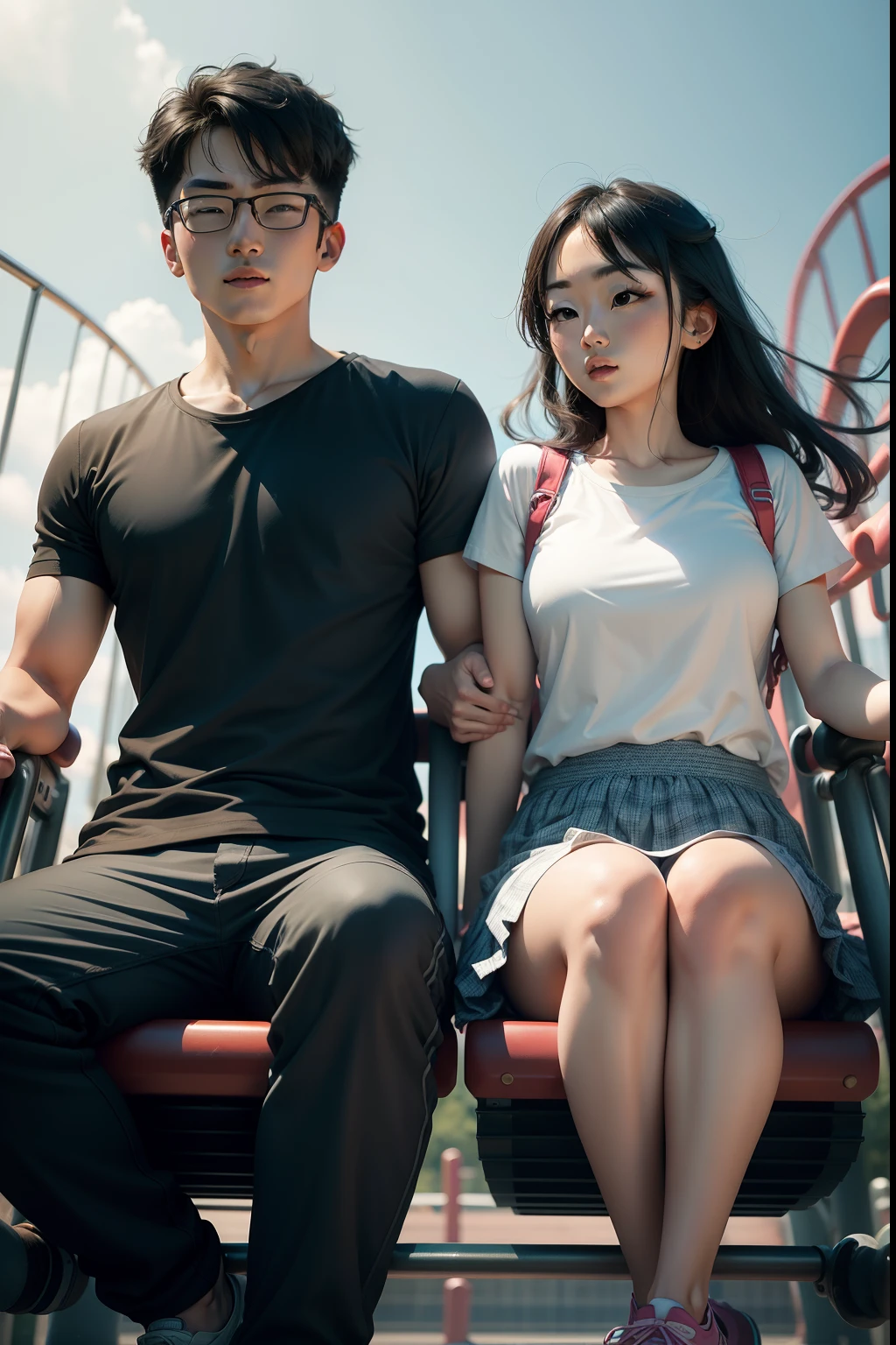 Couple, korean style, 1male, 1girl, side view, ridding roller coaster, playground, high res, ultrasharp, 8k, masterpiece, looking at vieweR