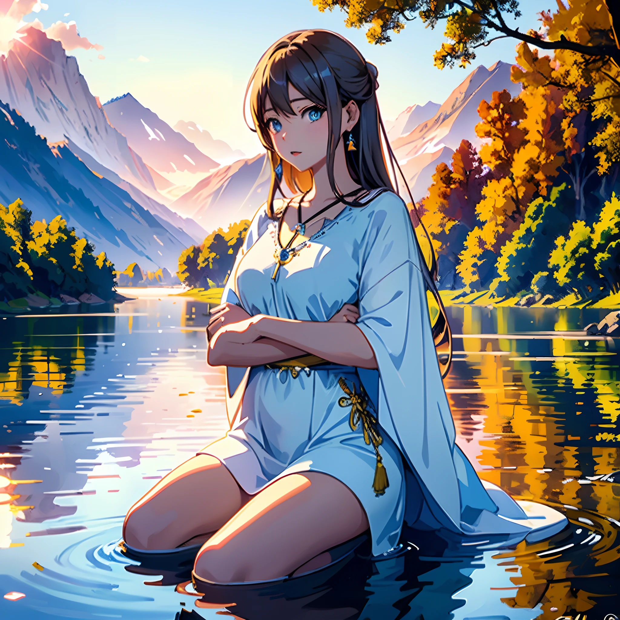 Anime girl sitting in water with mountains in background, Digital anime illustration, arte de anime digital detalhada, arte de anime digital, anime fantasy illustration, arte digital estilo anime, arte de anime limpa e detalhada, donzela bonita, bela arte de anime, Anime girl walking on water, 2. 5 d cgi anime fantasia arte, arte digital detalhada bonito, Estilo de arte anime bonito, estilo de arte de fantasia