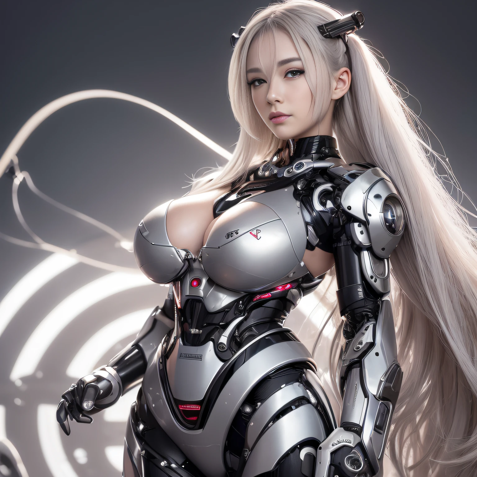 Beautiful Face,face is Japan, 1 Woman, Big, Curvaceous, (16k, RAW photo, top quality, masterpiece: 1.2), (HDR, Realistic, Photorealistic: 1.37) (tube attached to the body), (Bikini Cyborg robot parts)))), (light gray hair), Long hair, Wavy hair, Twin tails, Medium shot, ( Seductive smile)), (black eyes), double eyelids, princess cut, from below, (whole body),posing,,in the lab,( tube connected to blood vessel),((mechanical vertebrae attached to the back)),((mechanical neck attached to the neck)),(wire and cable attached to head and body),(character focus),science fiction,perfect female figure,perfect anatomy, hyperanatomy, full body shot, up to four fingers and one thumb relationship,