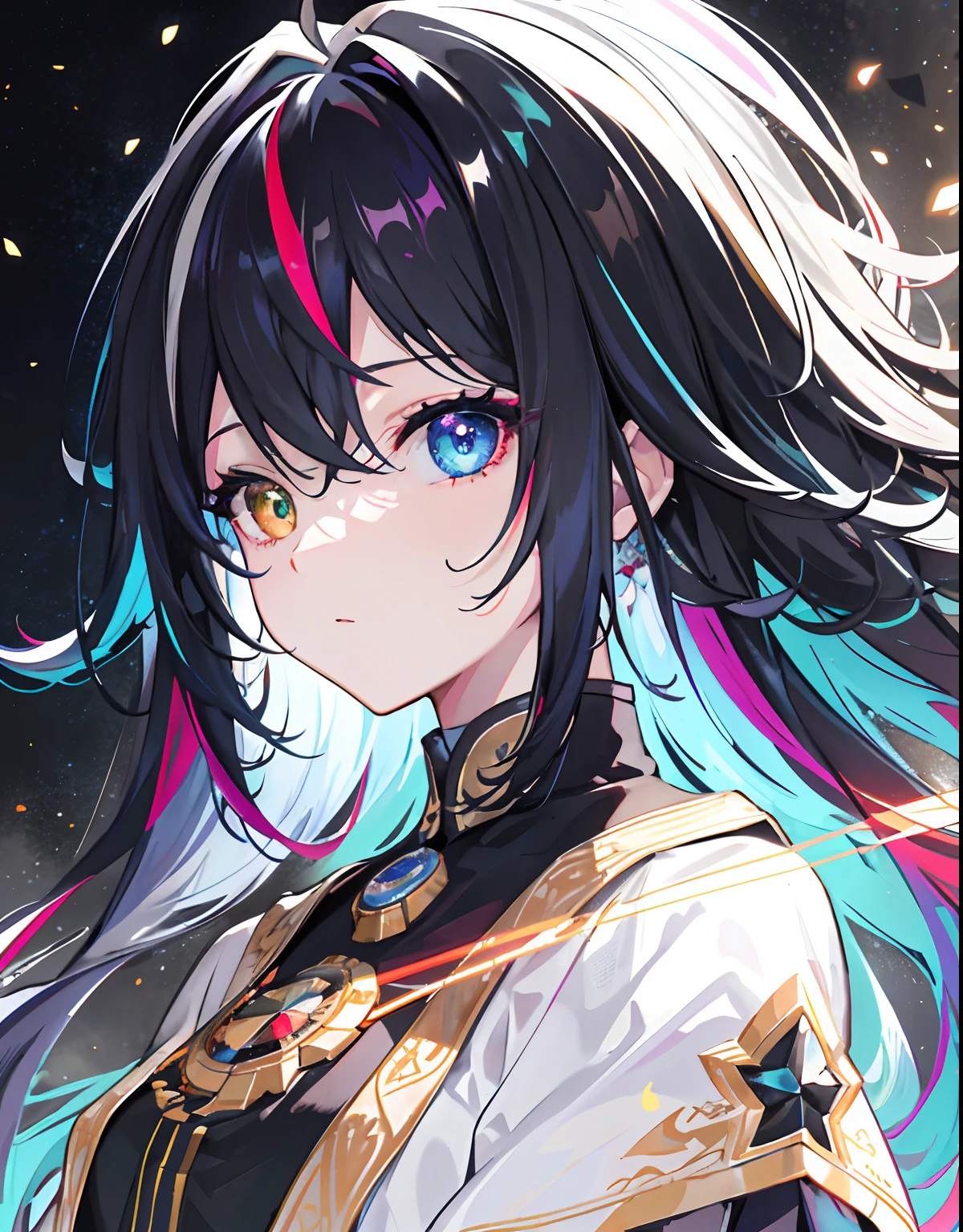 {{masterpiece}}, best quality, extremely detailed CG unity 8k wallpaper, cinematic lighting, lens flare, beautiful detail eyes, black, side glance, multicolor hair, colorful light, particles, heterochromia, (colorful:1.5), (colorful hair:1.5),