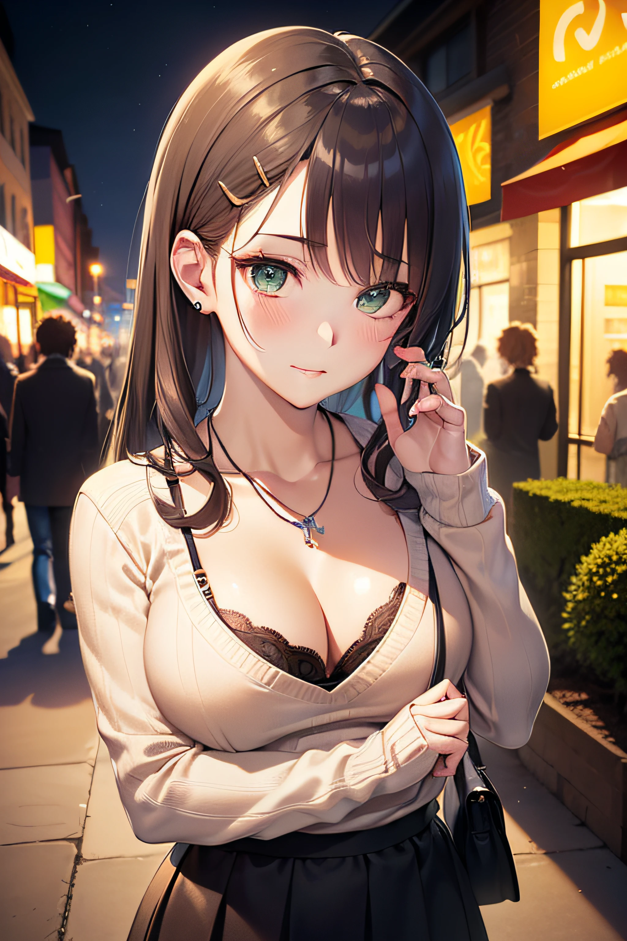 ((masterpiece, best quality, highres, UHD, perfect pixel, depth of field, 4k, RTX, HDR))), 1girl, single, solo, beautiful anime girl, beautiful artstyle, anime character, 24 years old, ((long hair, bangs, dark brown hair, curly hair:1.4, hair pin)), ((detailed face, blushing:1.2)), ((detailed eyes, anime eyes style, beautiful eyes, green eyes:1.8, sparkling effect)), ((smooth texture:0.75, realistic texture:0.5, anime CG style)), ((medium breasts, cleavage)), dynamic angle, busty, perfect body, ((close up, POV, cute, shot on face)), ((casual clothes, white sweater, skirt, the bra is visible from inside the sweater)), outdoor background, absurd background, bokeh:1.4, ((night, night lights)), crowd, city building, ((minimalist necklace, silver necklace, baguette bag, fashionable))