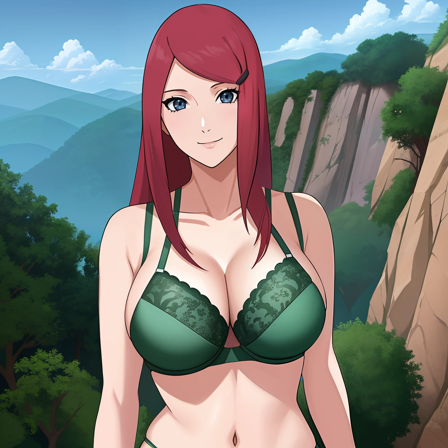 uzumaki_kushina, large_breasts, standing, solo, kushina_green_bra_and_underwear, masterpiece, best quality, detailed face, detailed eyes, highres, smile, ghibli, scenery, background, (masterpiece:1.4, best quality:1.2), (beautiful eyes, beautiful face), (Highres), (Detailed Illustration), Ultra-Detailed, looking at viewer, konohagakure, uzumaki_kushina, kushina_green_bra, large boobs , sexy figure, Full body view, cow boy shot